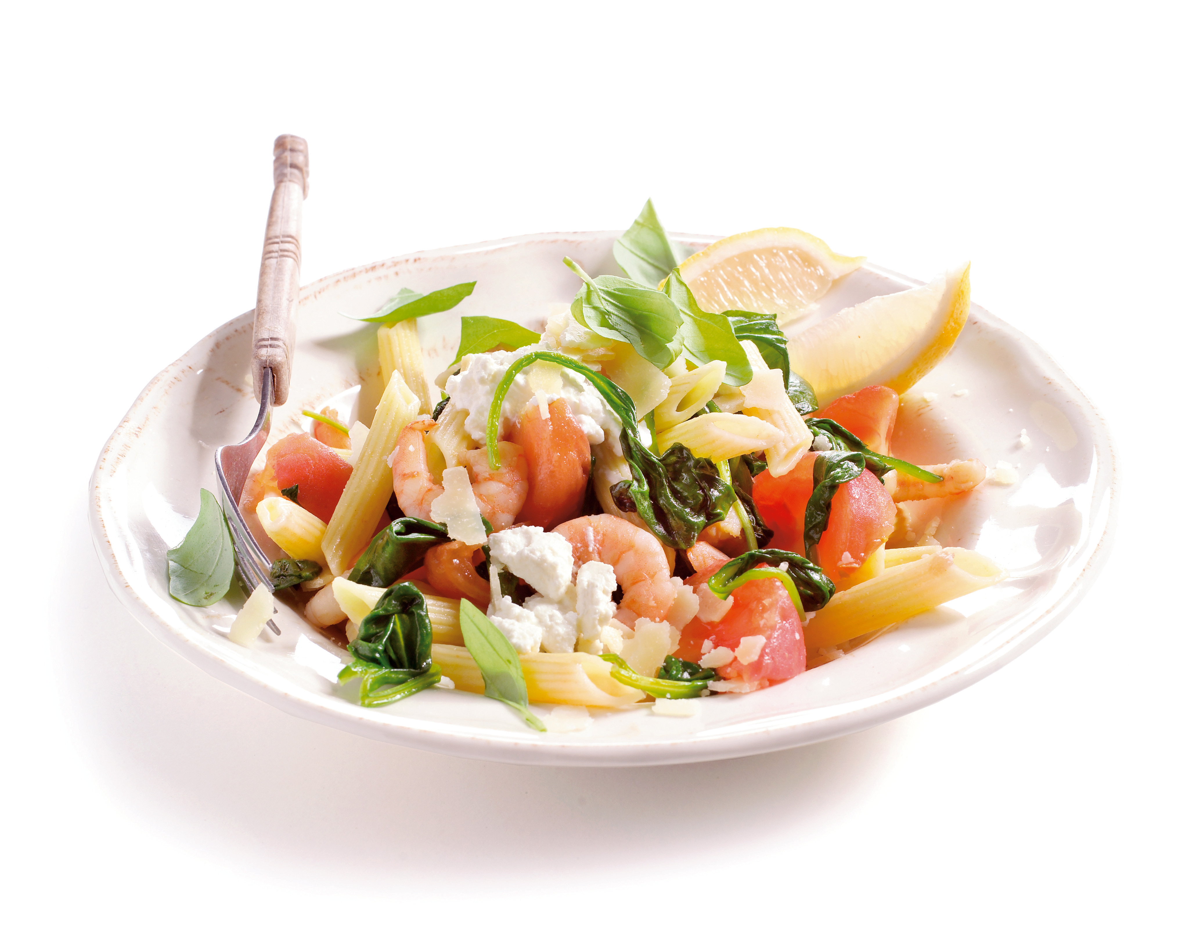 Penne met garnalen en spinazie