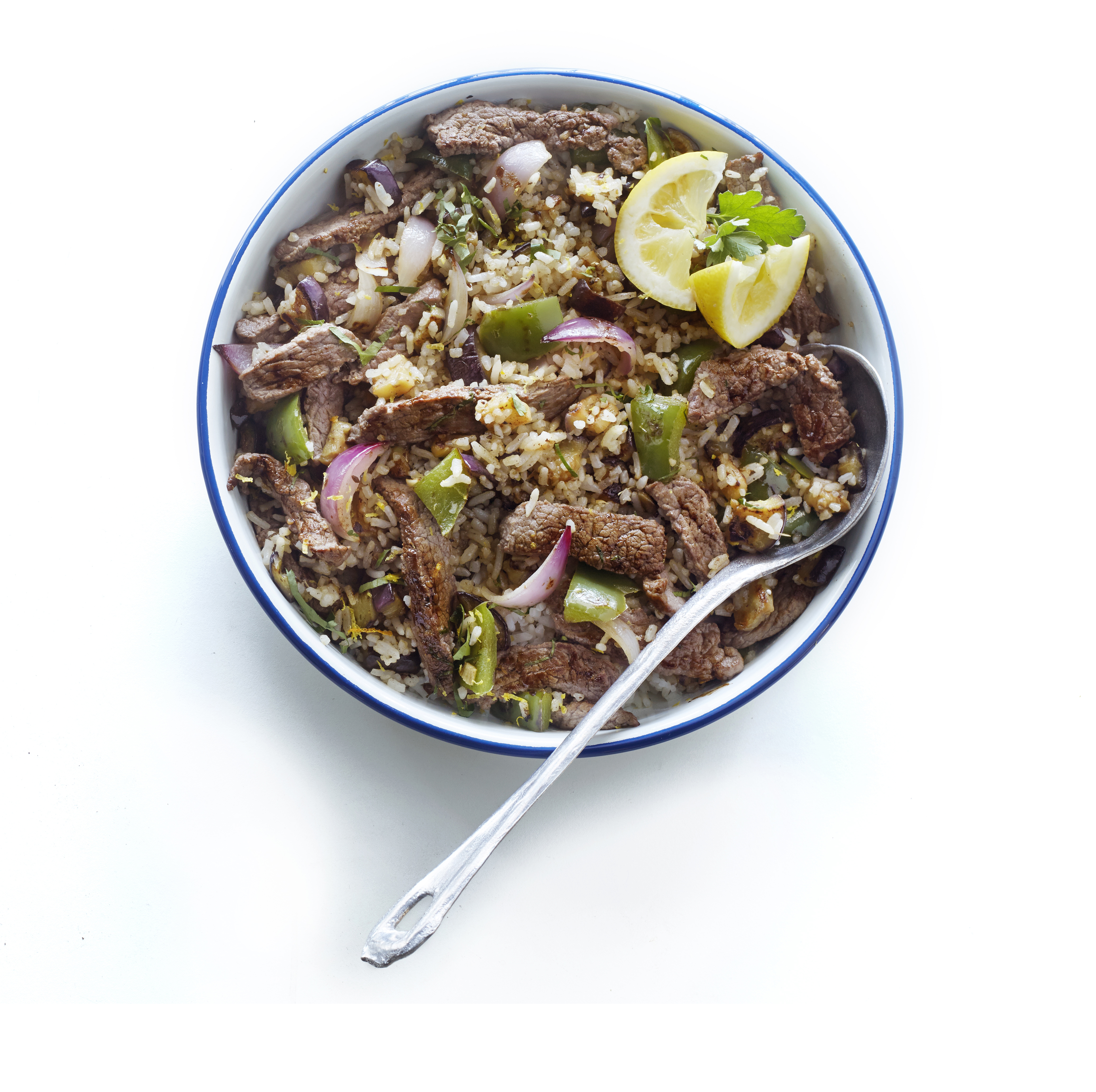 Gebakken rijst met aubergine en biefrepen