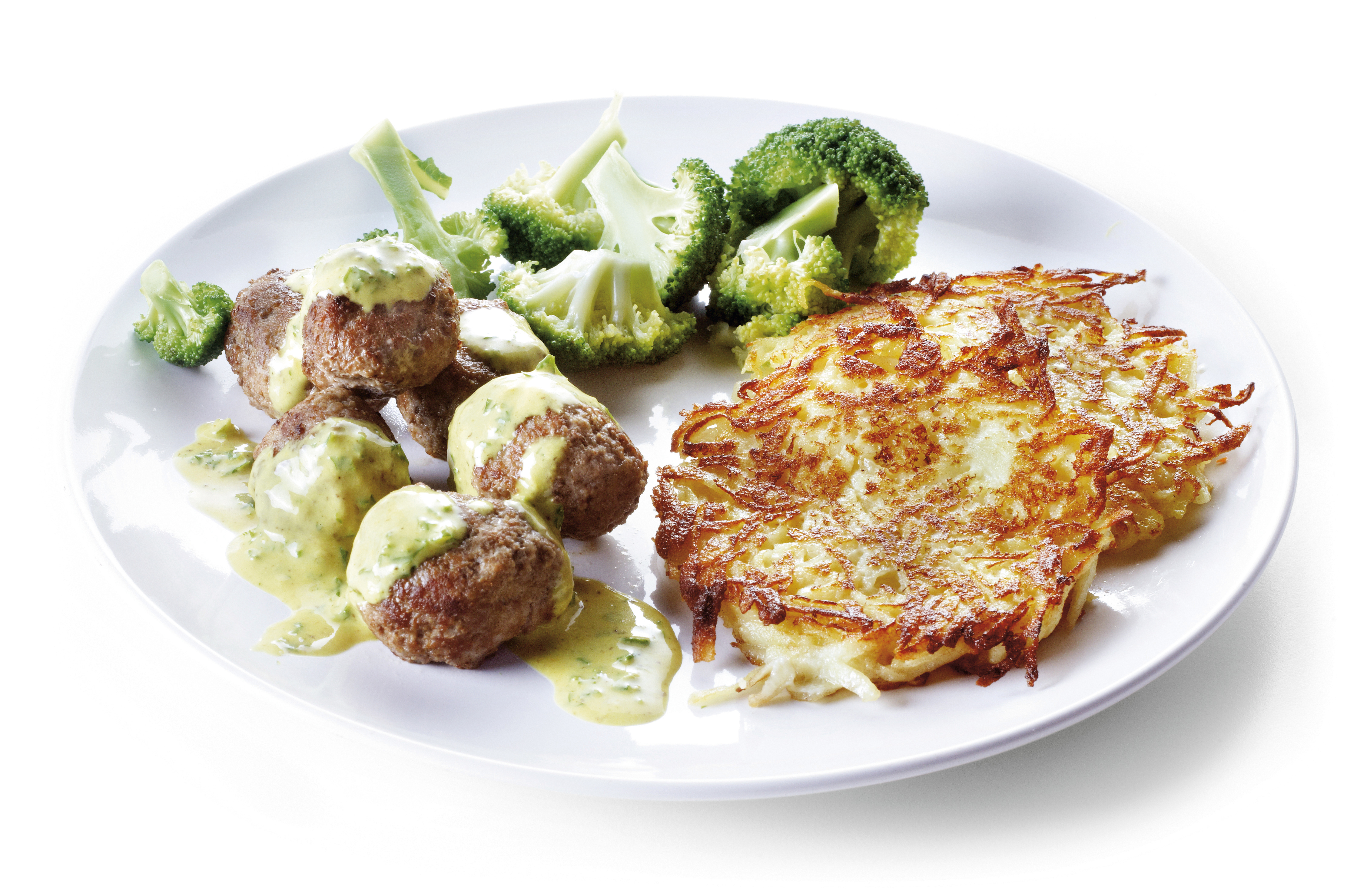 Aardappelkoeken met gehaktballetjes en broccoli