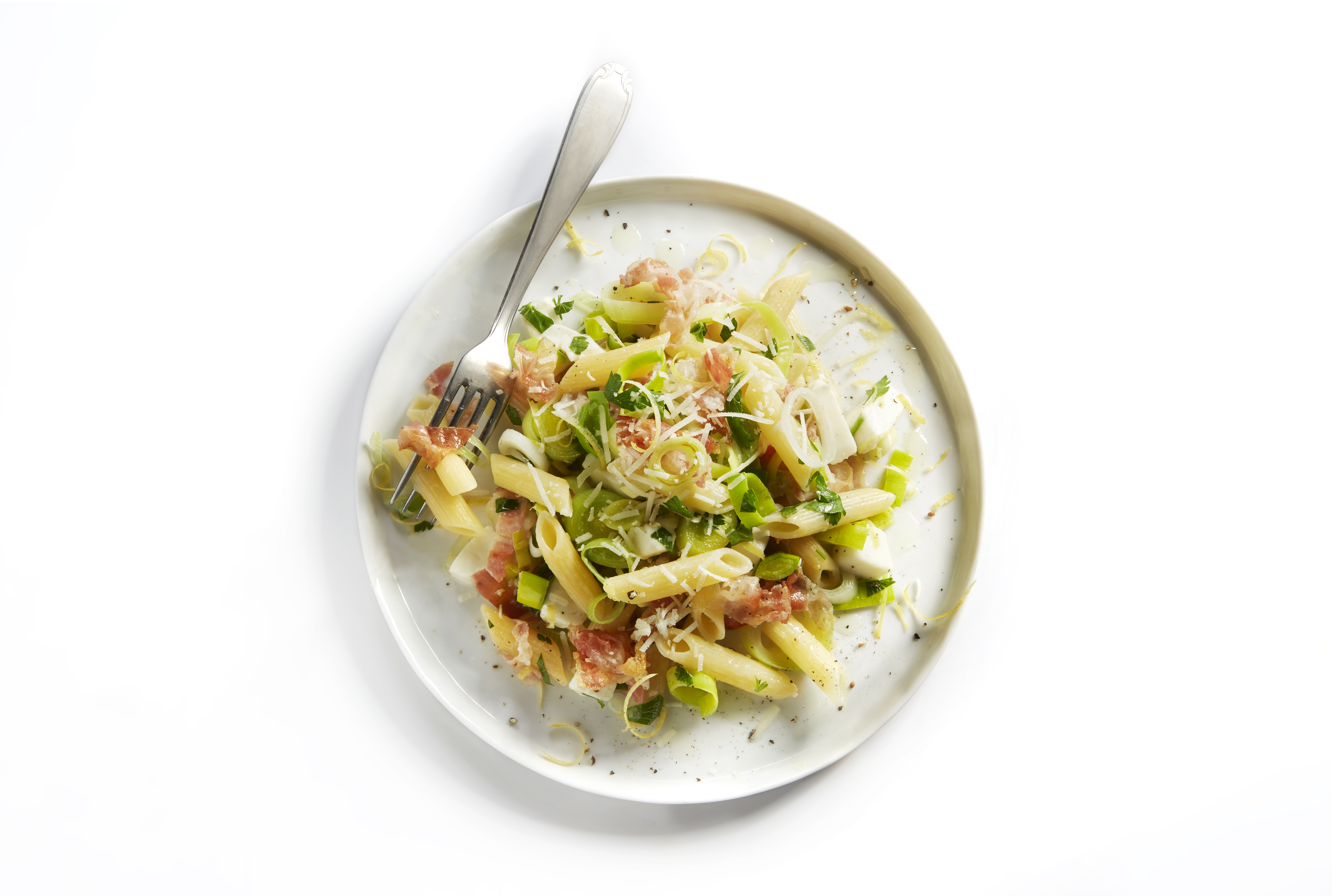 Penne met prei en pancetta