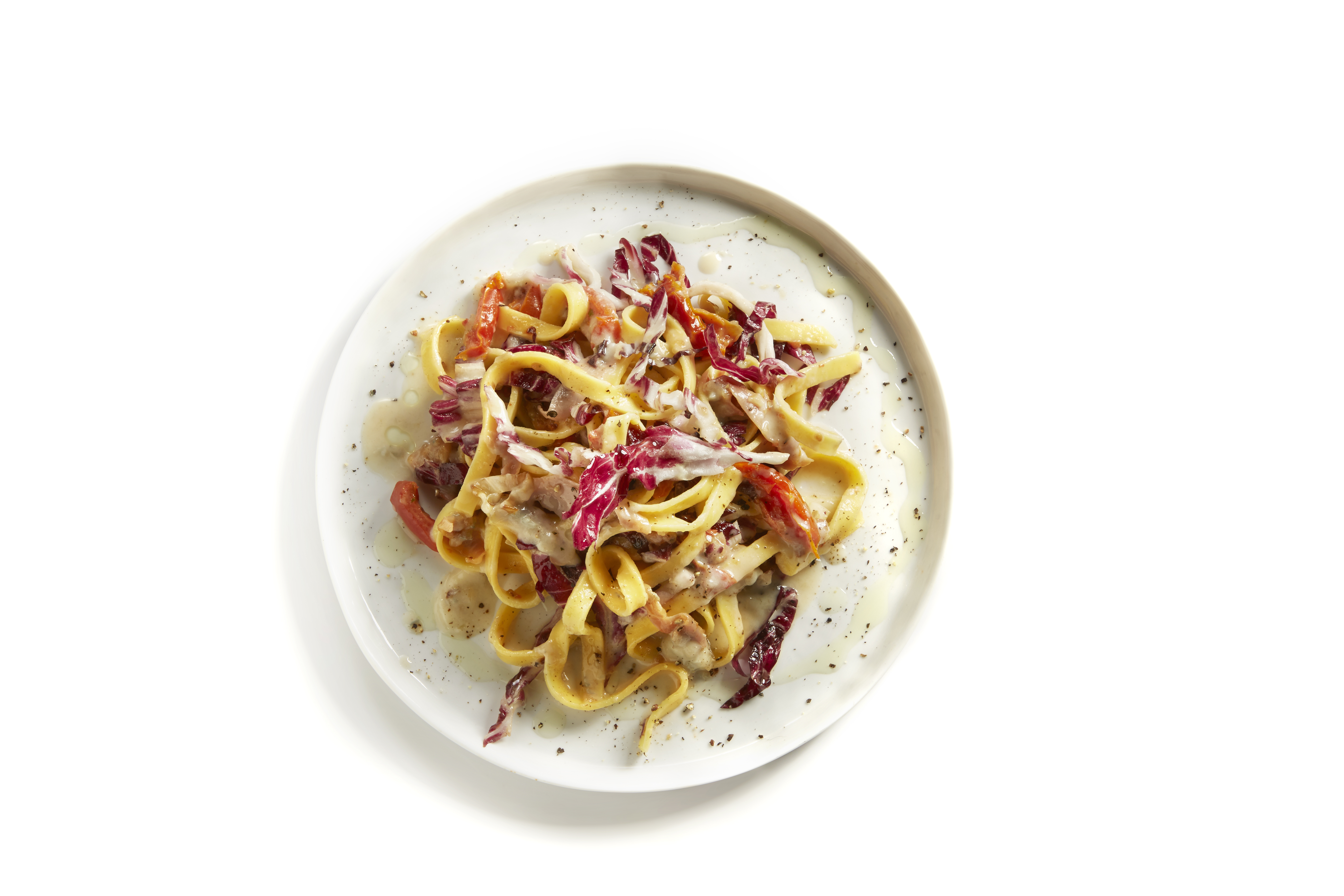 Tagliatelle met rauwe ham, radicchio en gorgonzola