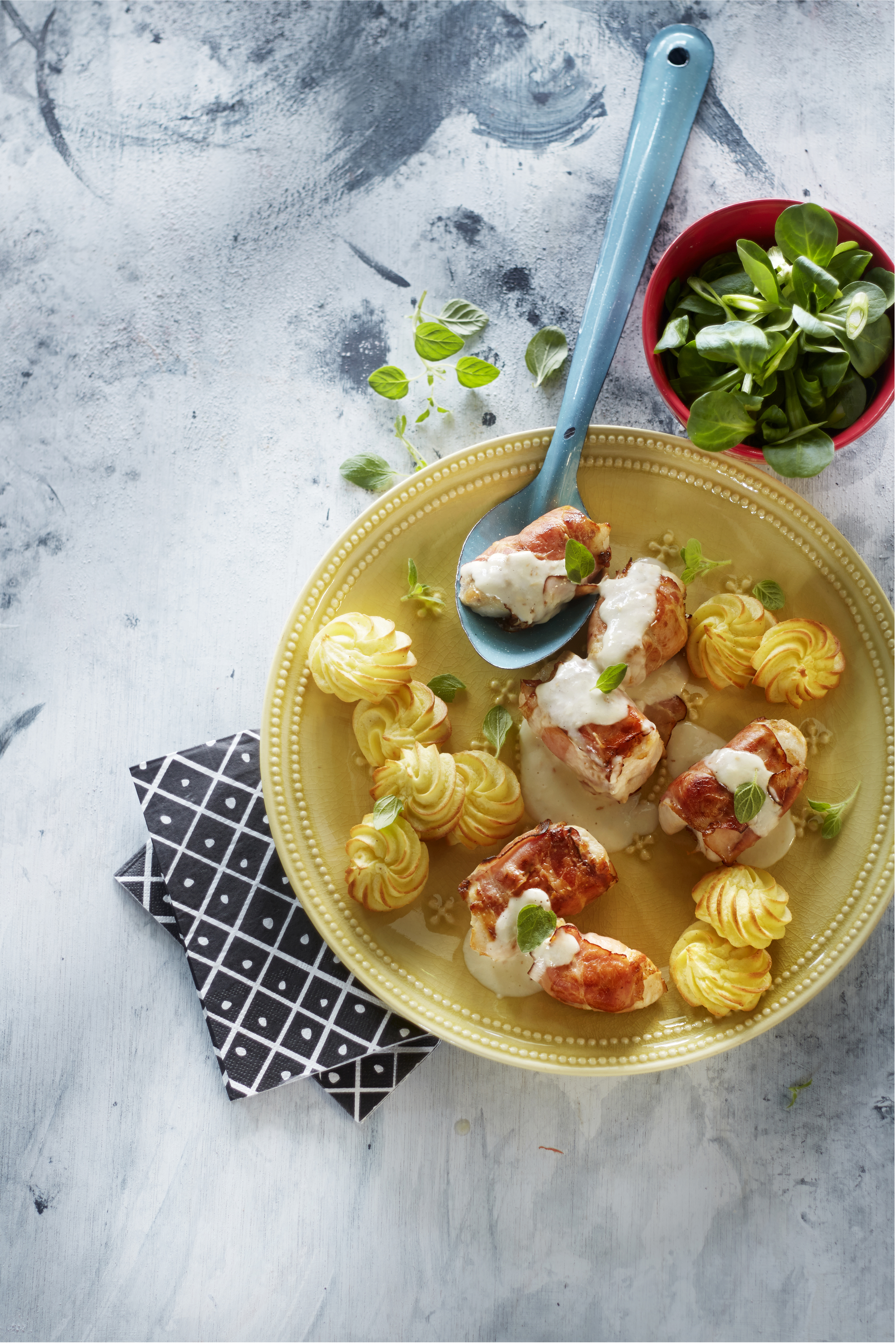 Kiprolletjes met pommes duchesse