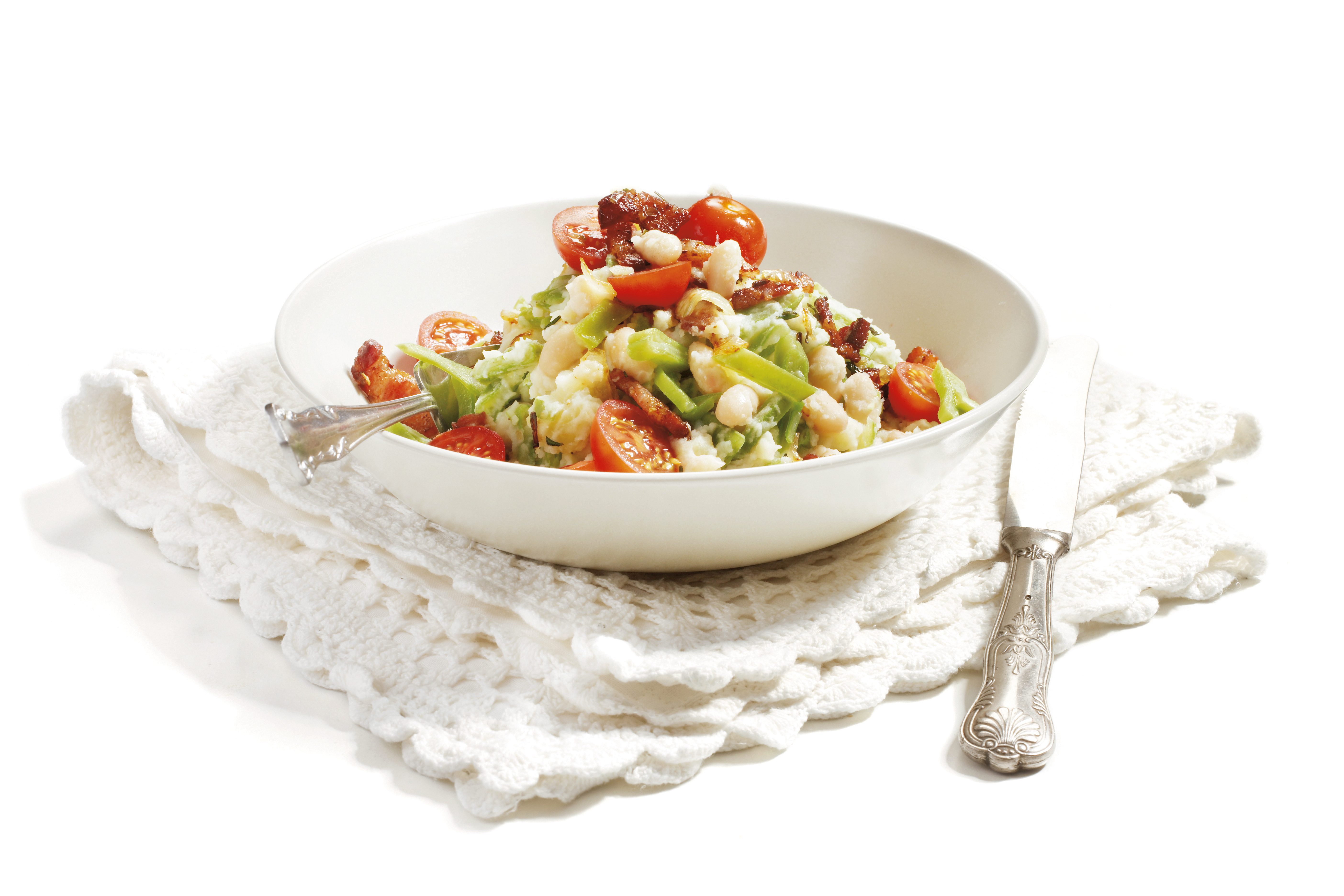 Stamppot snijbonen, witte bonen en tomaat