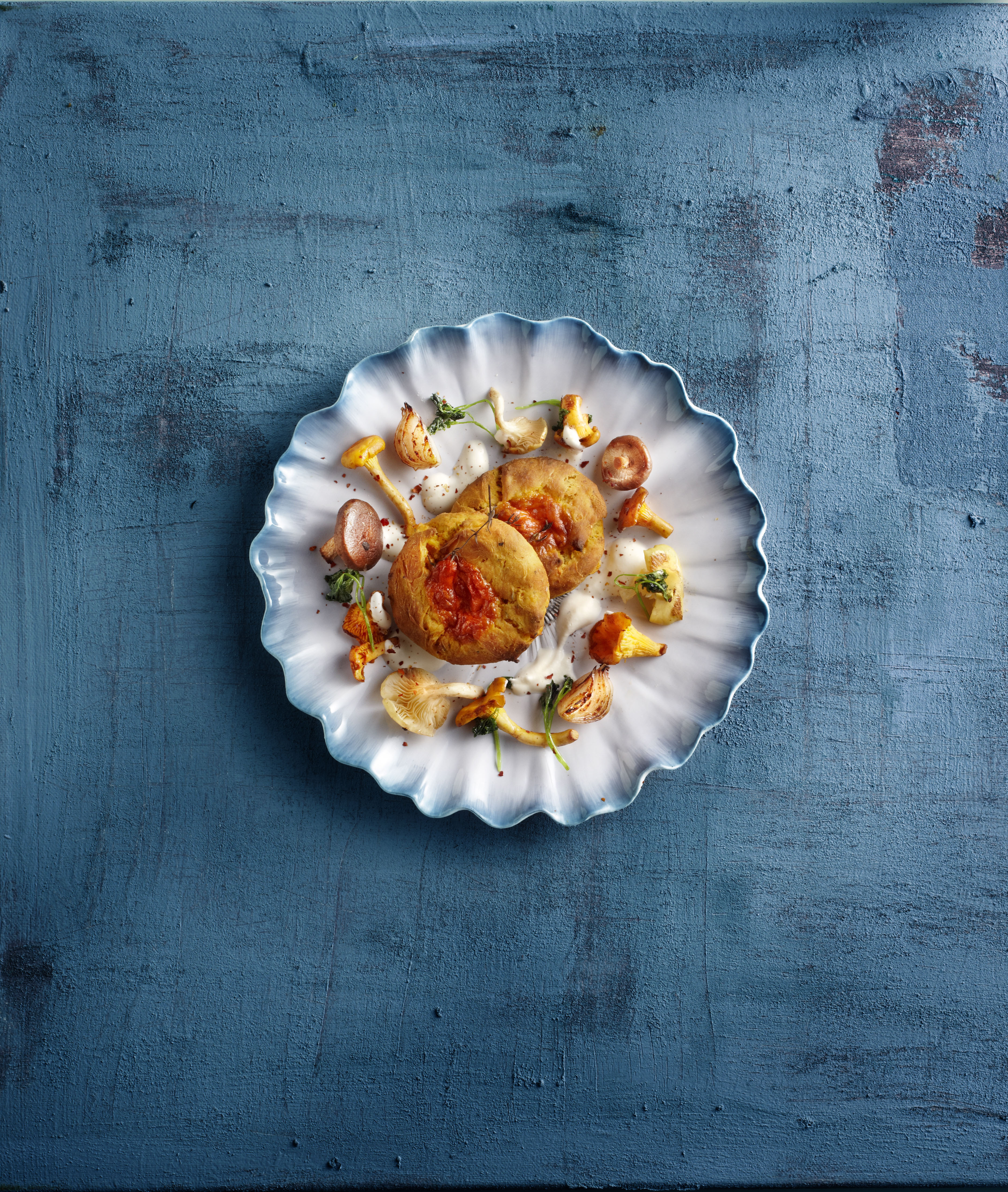 Scones van zoete aardappel met paddenstoelen