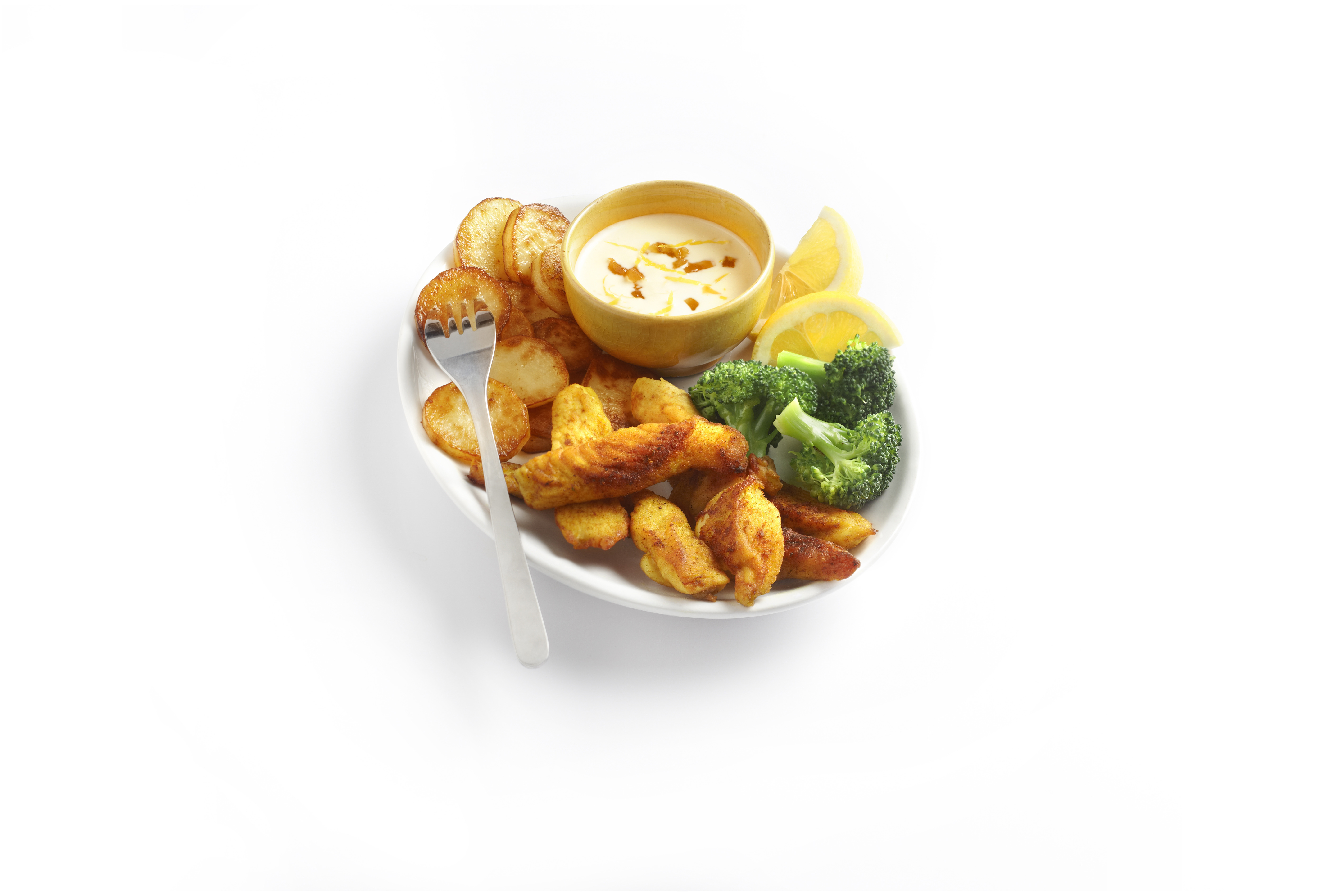 Kipfingers met gebakken aardappels en citroensaus