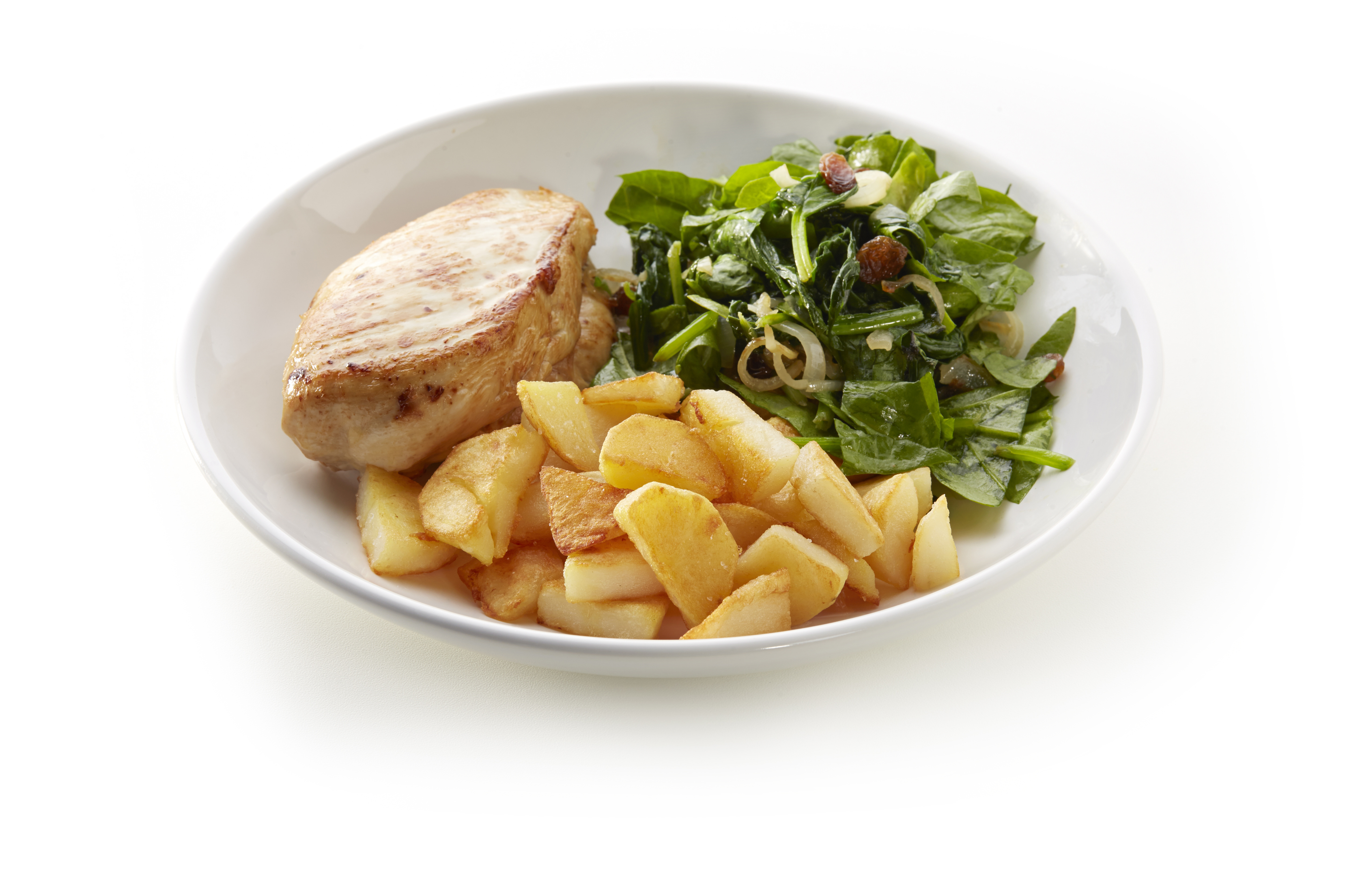Kipfilet met spinazie, rozijnen en gebakken aardappelpartjes
