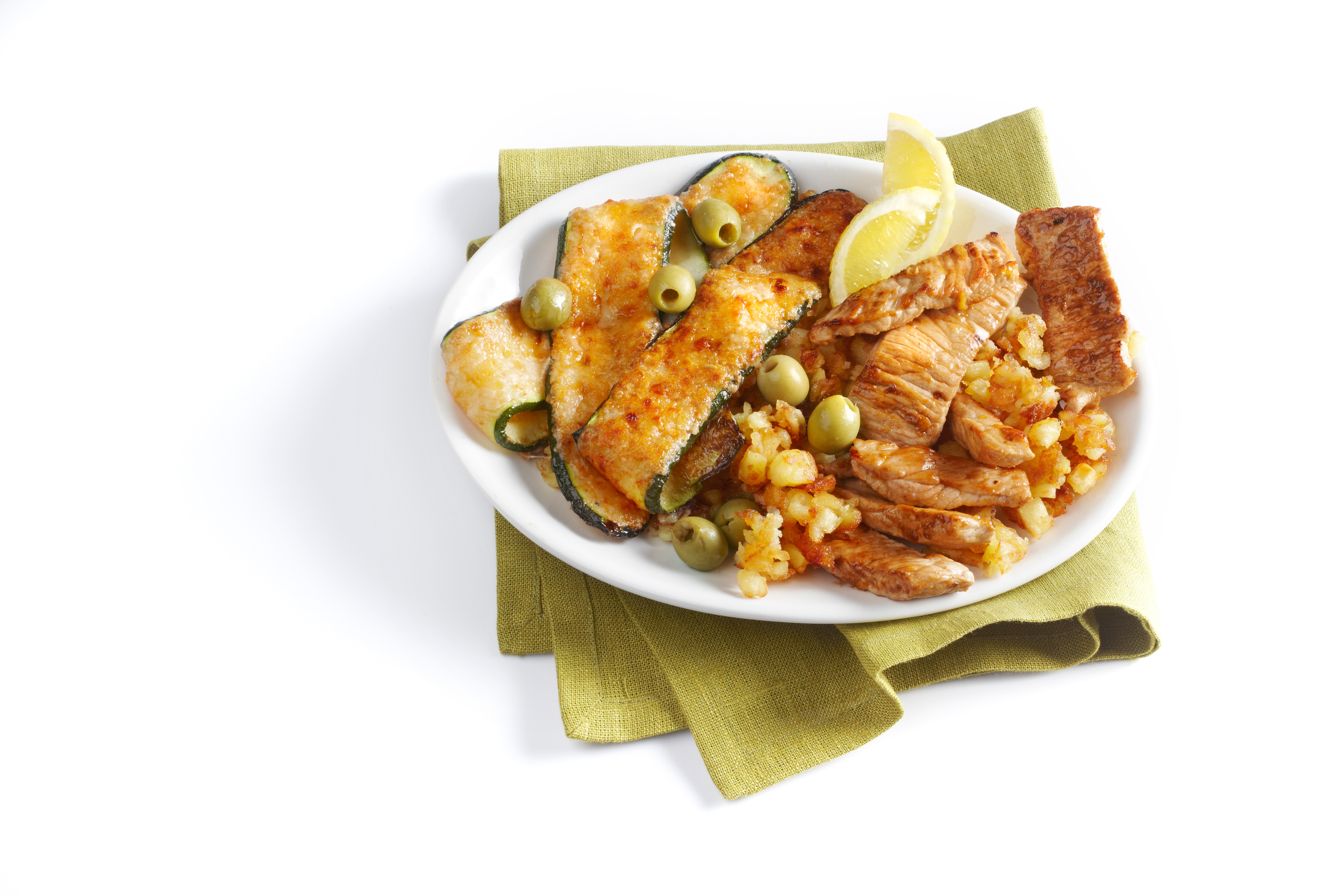 Gegratineerde courgette met citroenschnitzel