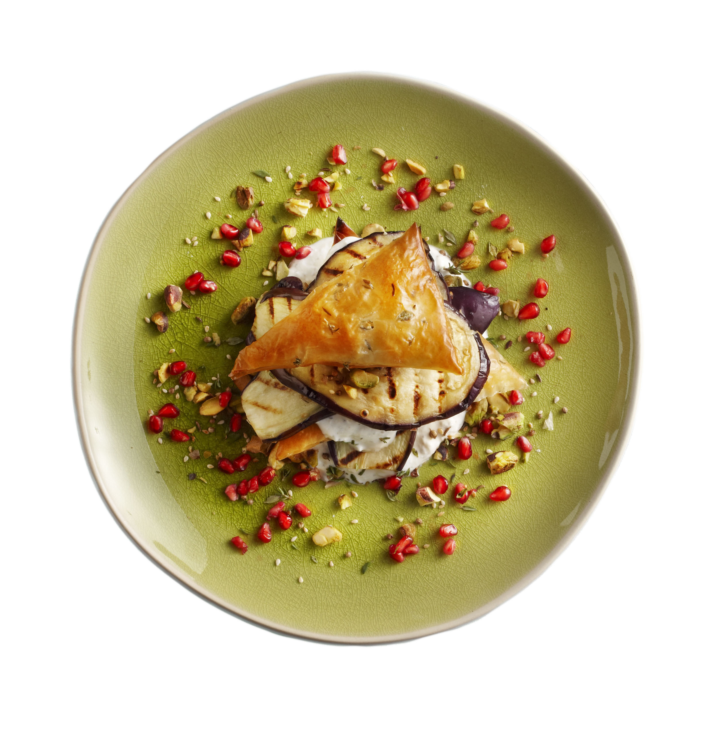 Filodeeg en geroosterde aubergine met pistachedukkah