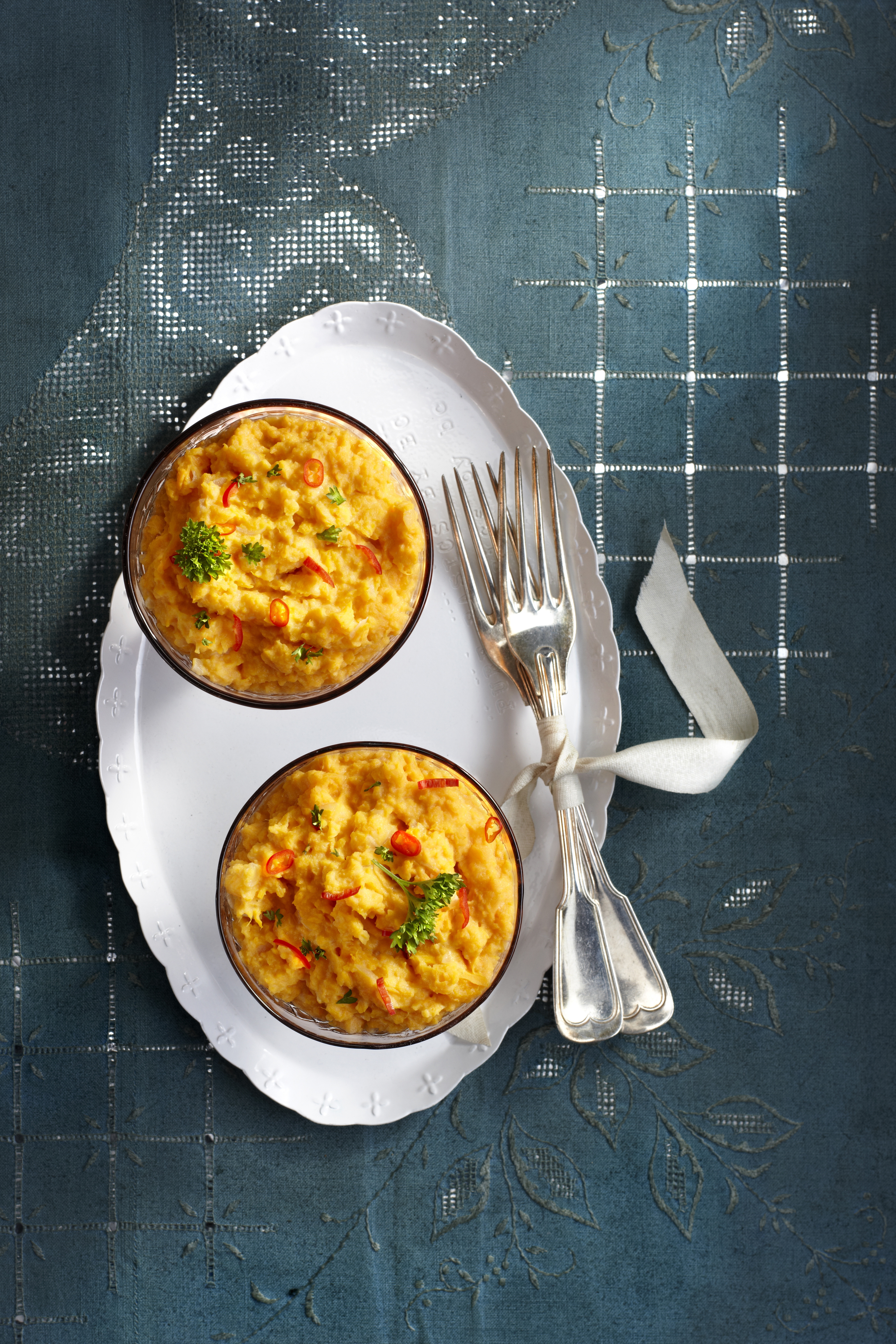 Puree van zoete aardappel met sinaasappel en sjalot