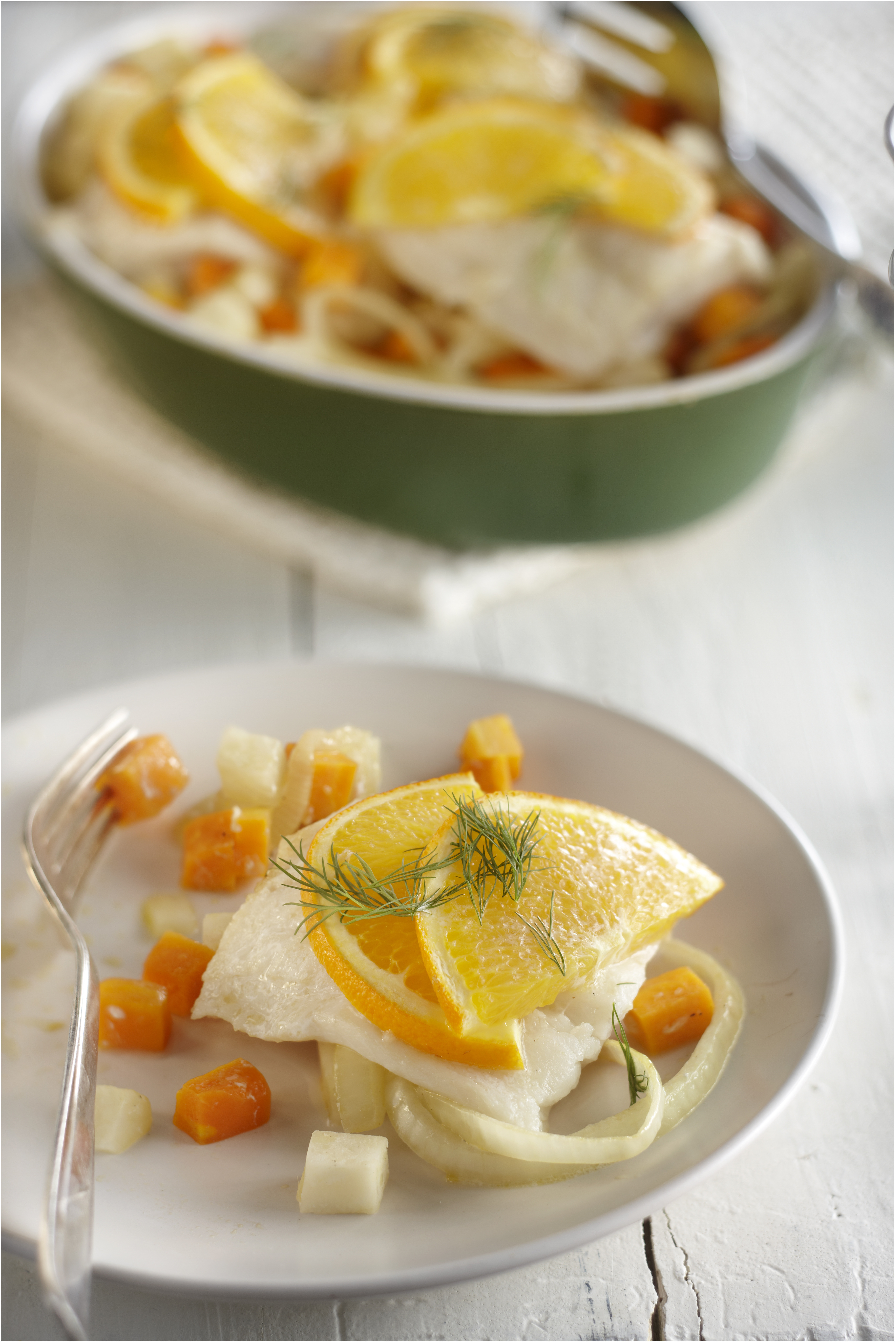 Kabeljauwschotel met koolrabi en wortel