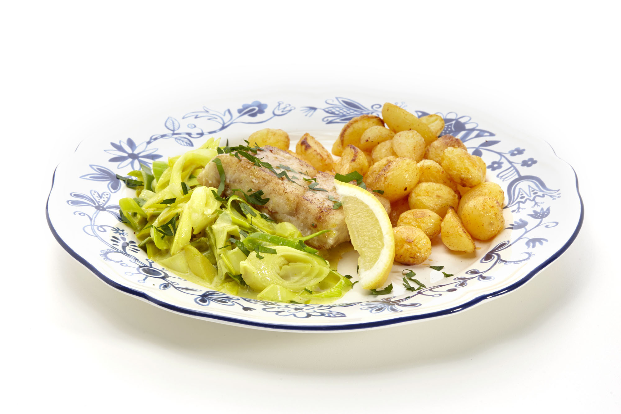 Kabeljauw met prei en kerrie