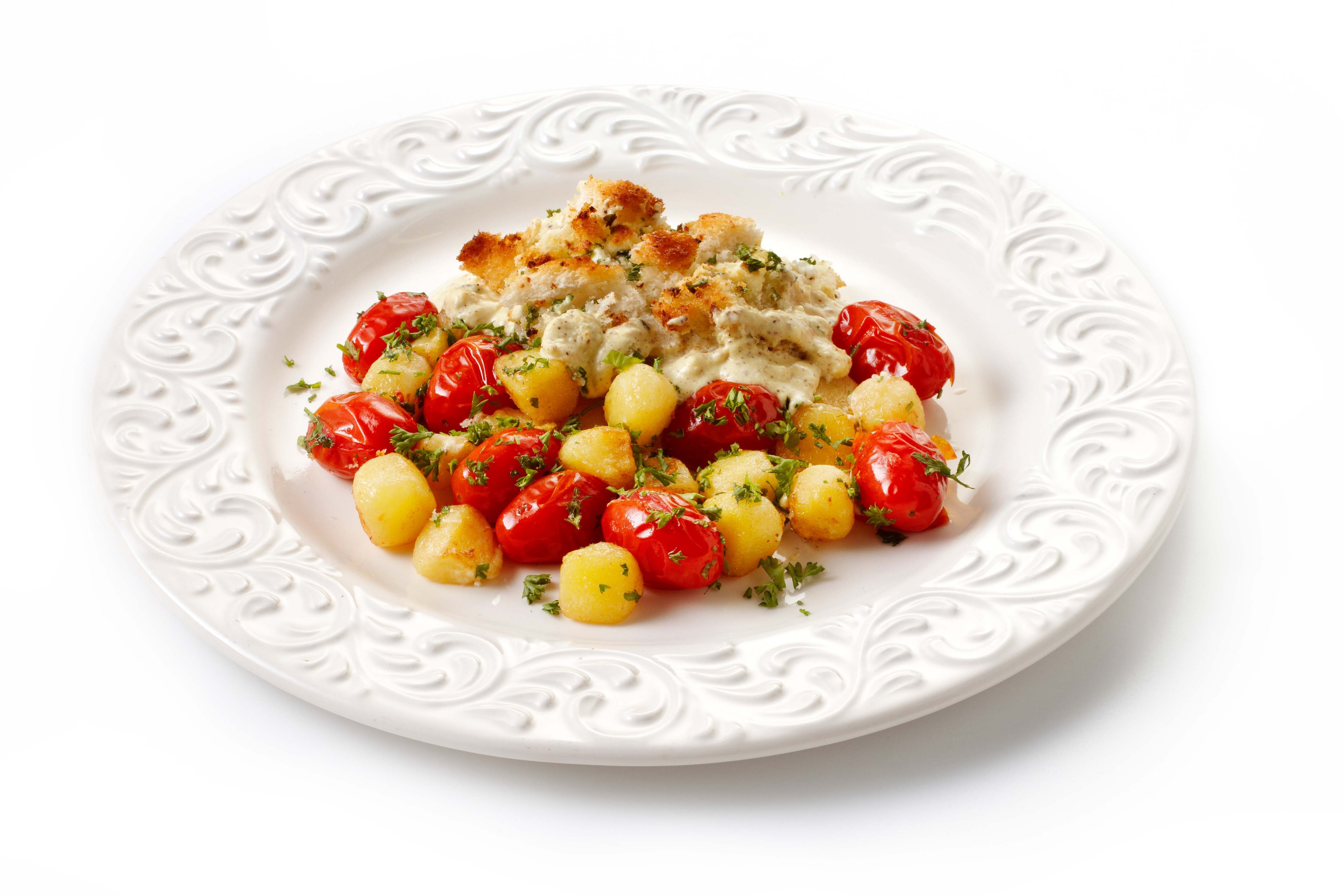 Gegratineerde kabeljauw met krieltjes en kerstomaatjes