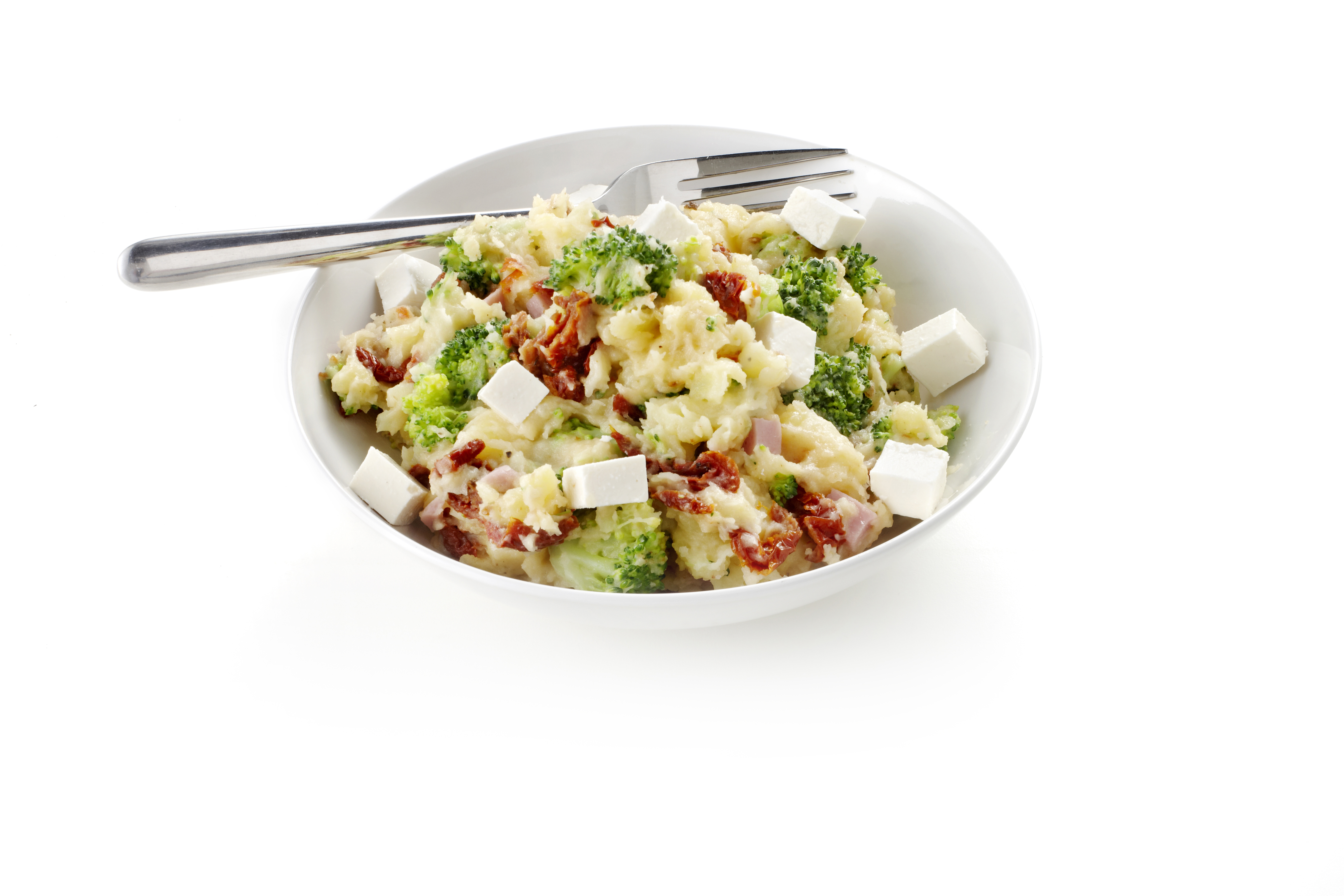 Broccolistamppot met ham, tomaat en feta