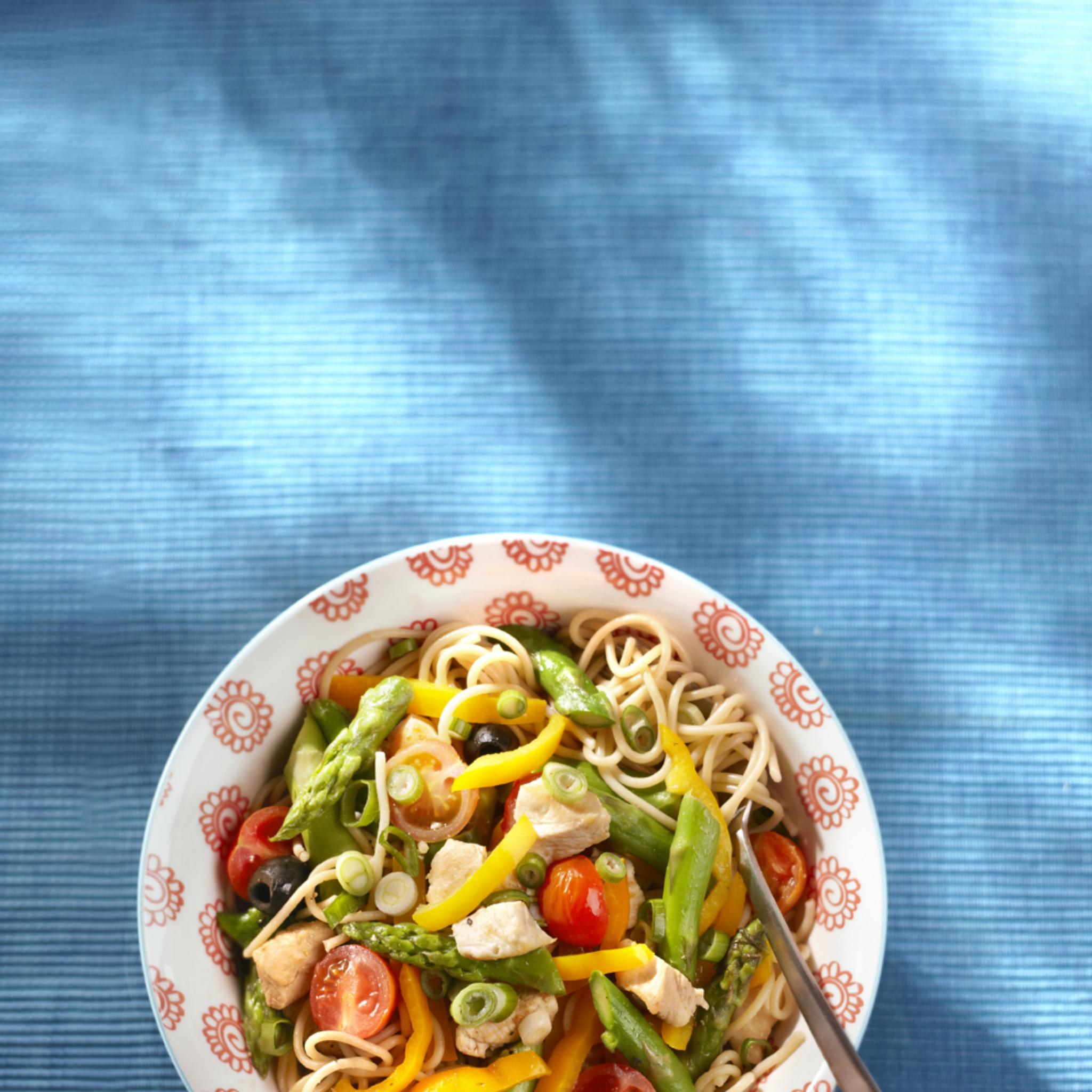 Spaghetti met kip en asperges