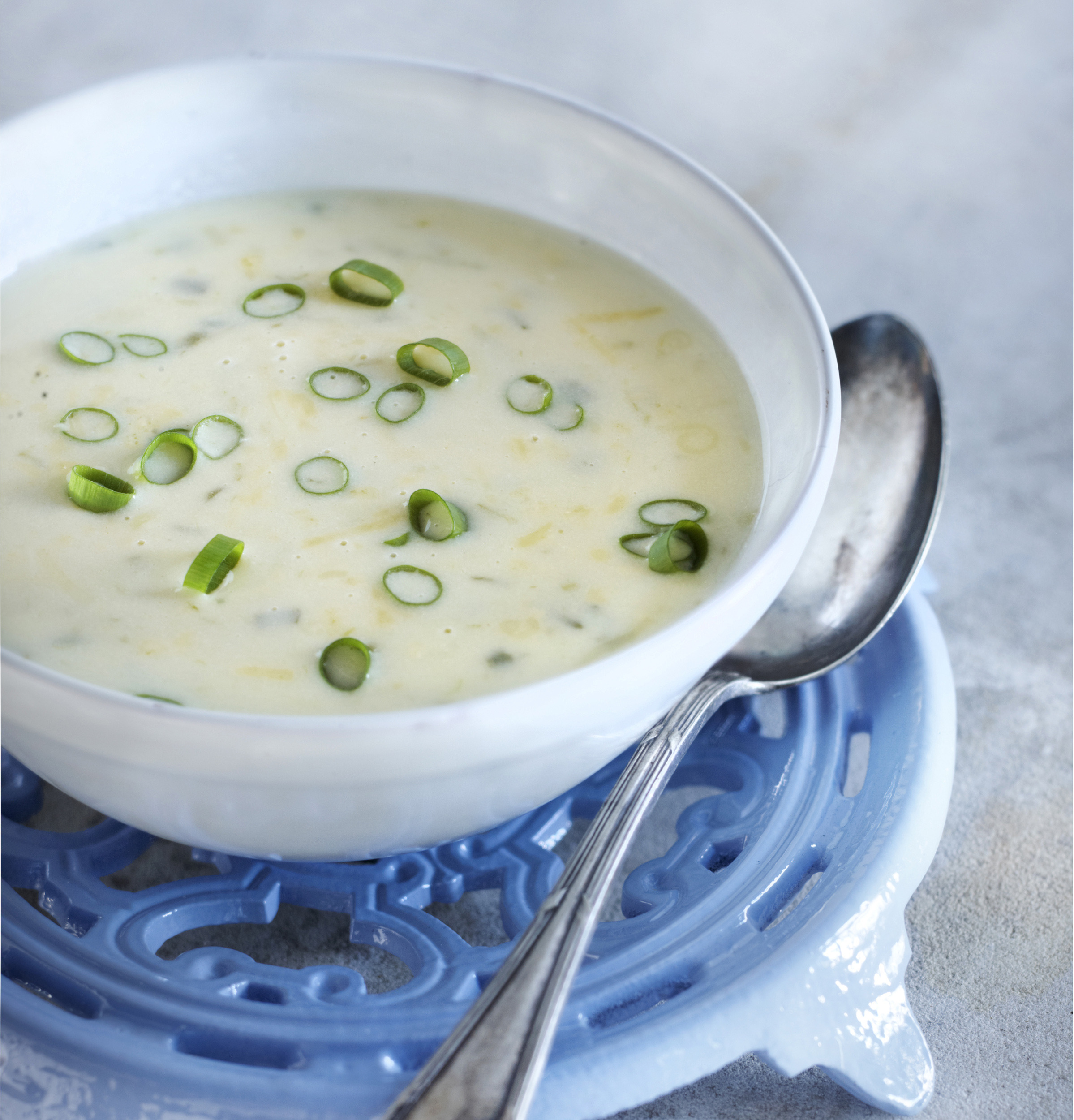 Boerenkaassoep met lente-ui en mosterd