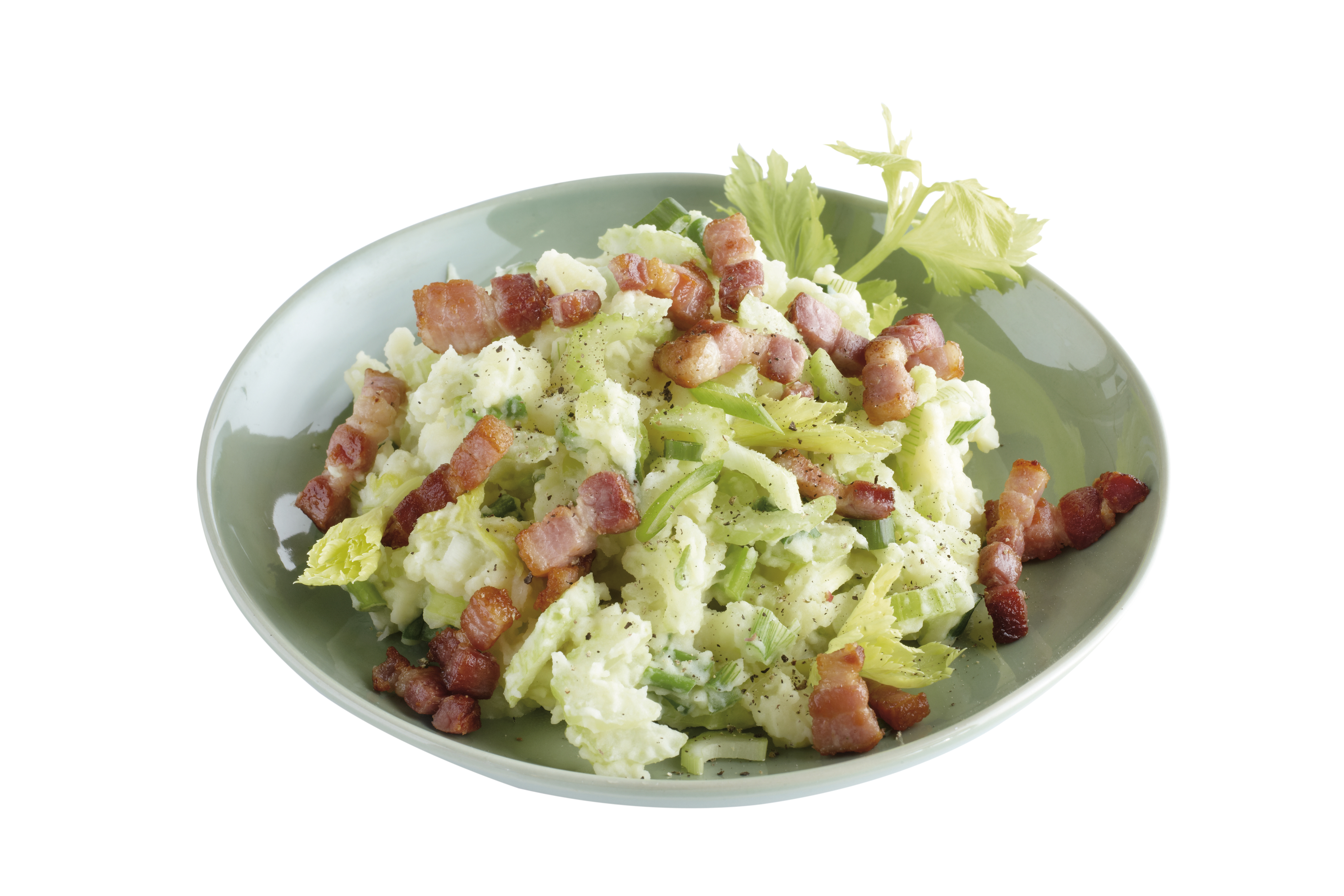 Bleekselderijstamppot met bosui en spekjes