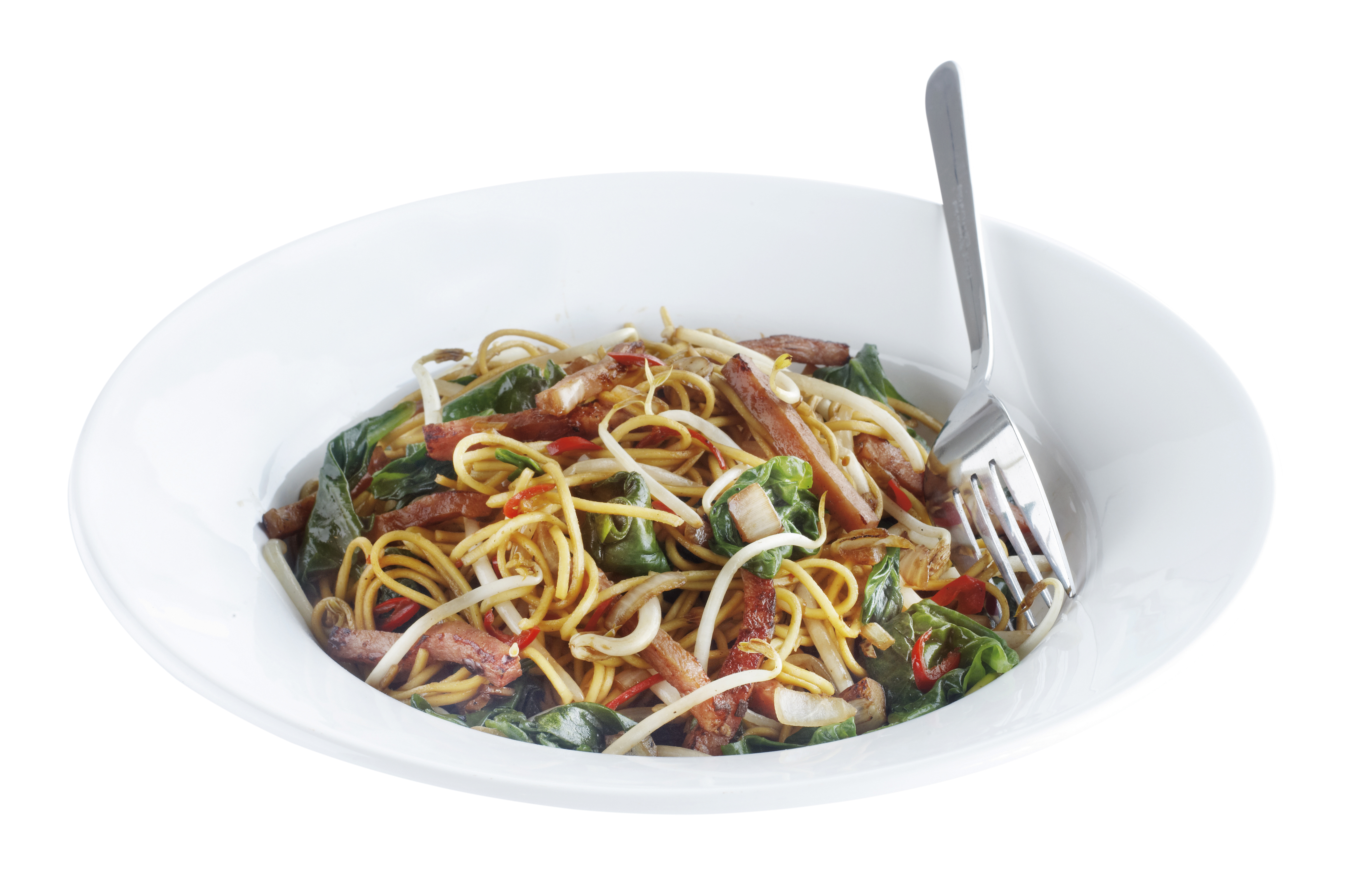 Pittig gebakken noedels met ham en spinazie