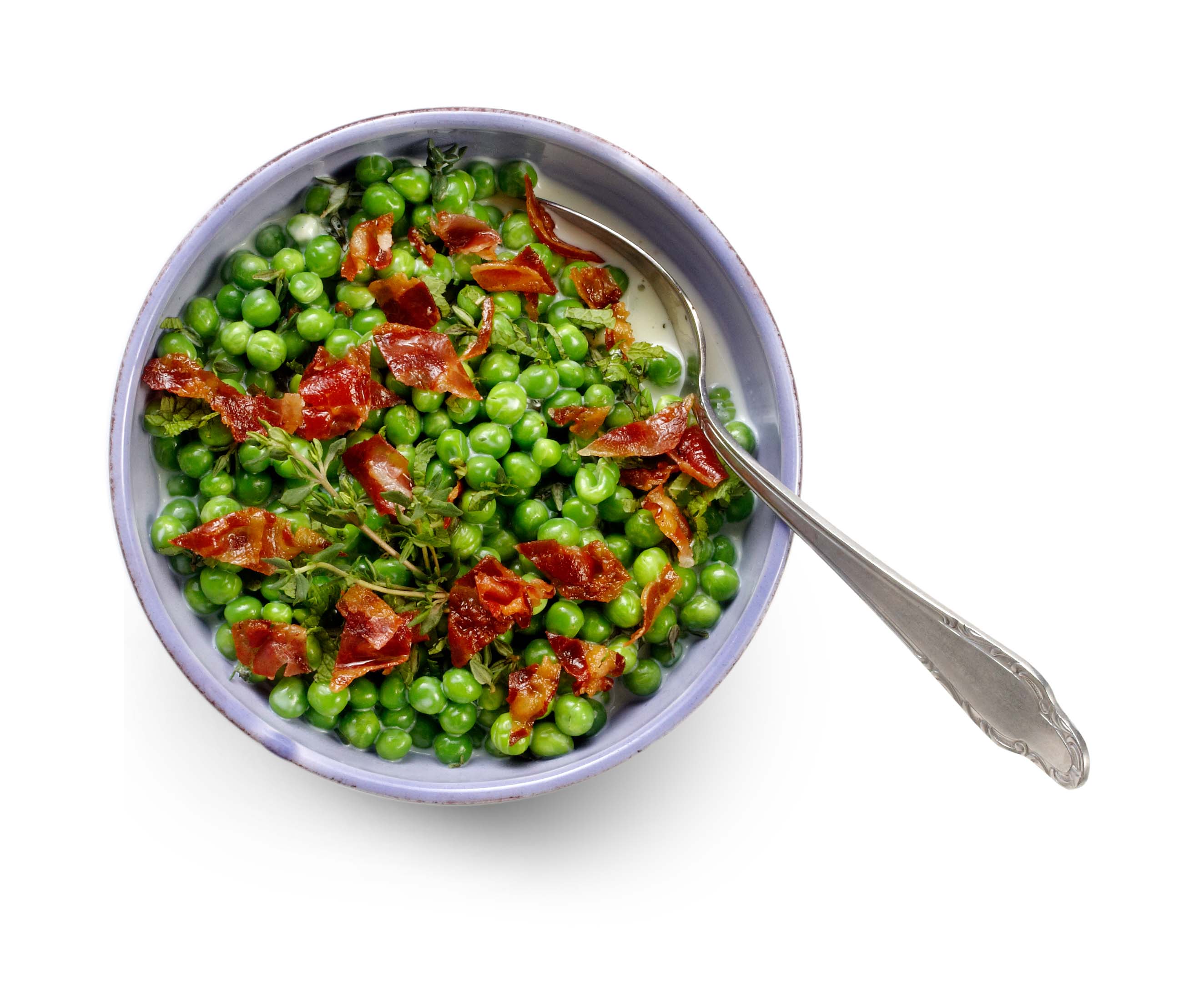 Doperwten met pancetta in tijmsaus
