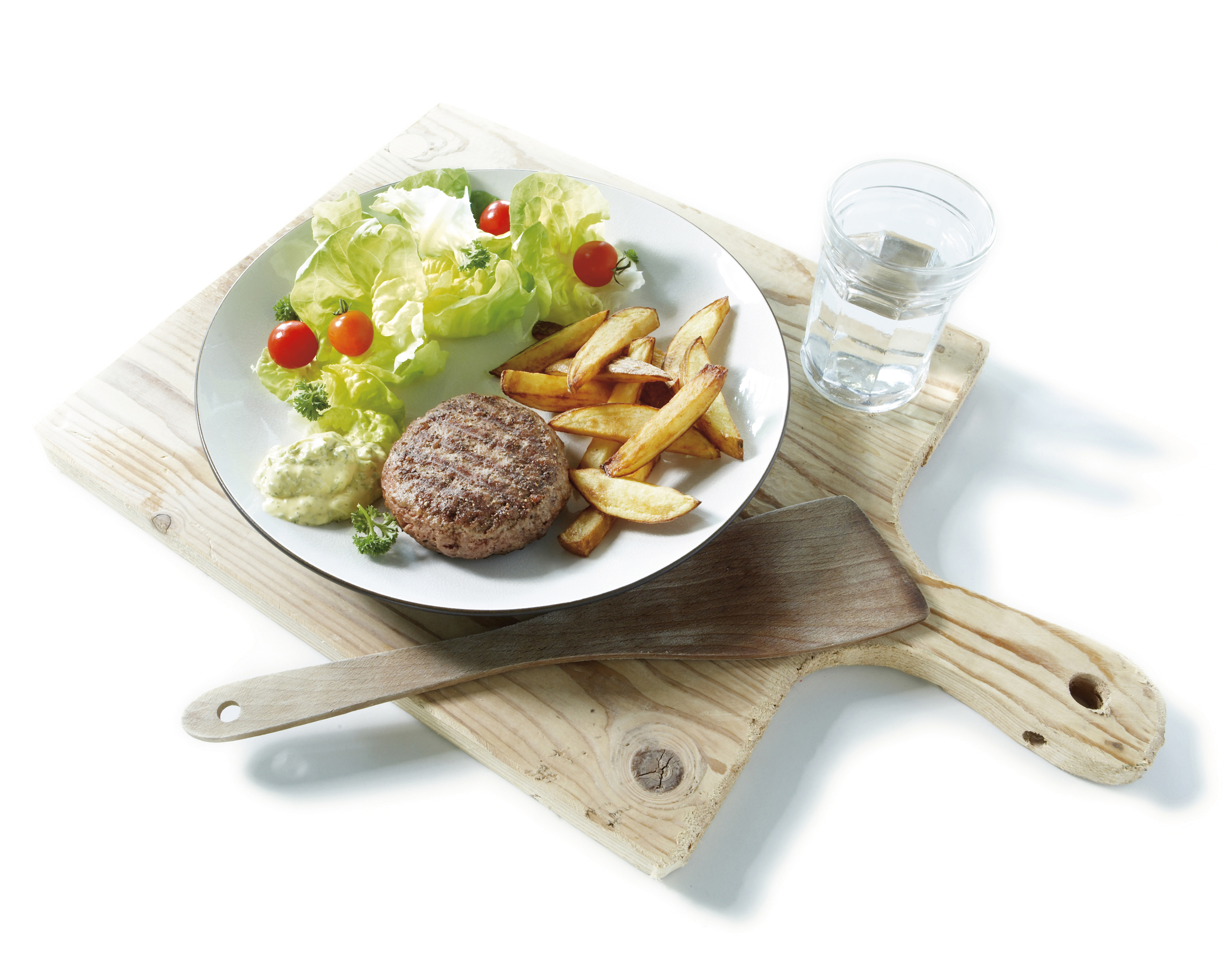 Gegrilde pikante burgers met sla en kruidenmayonaise