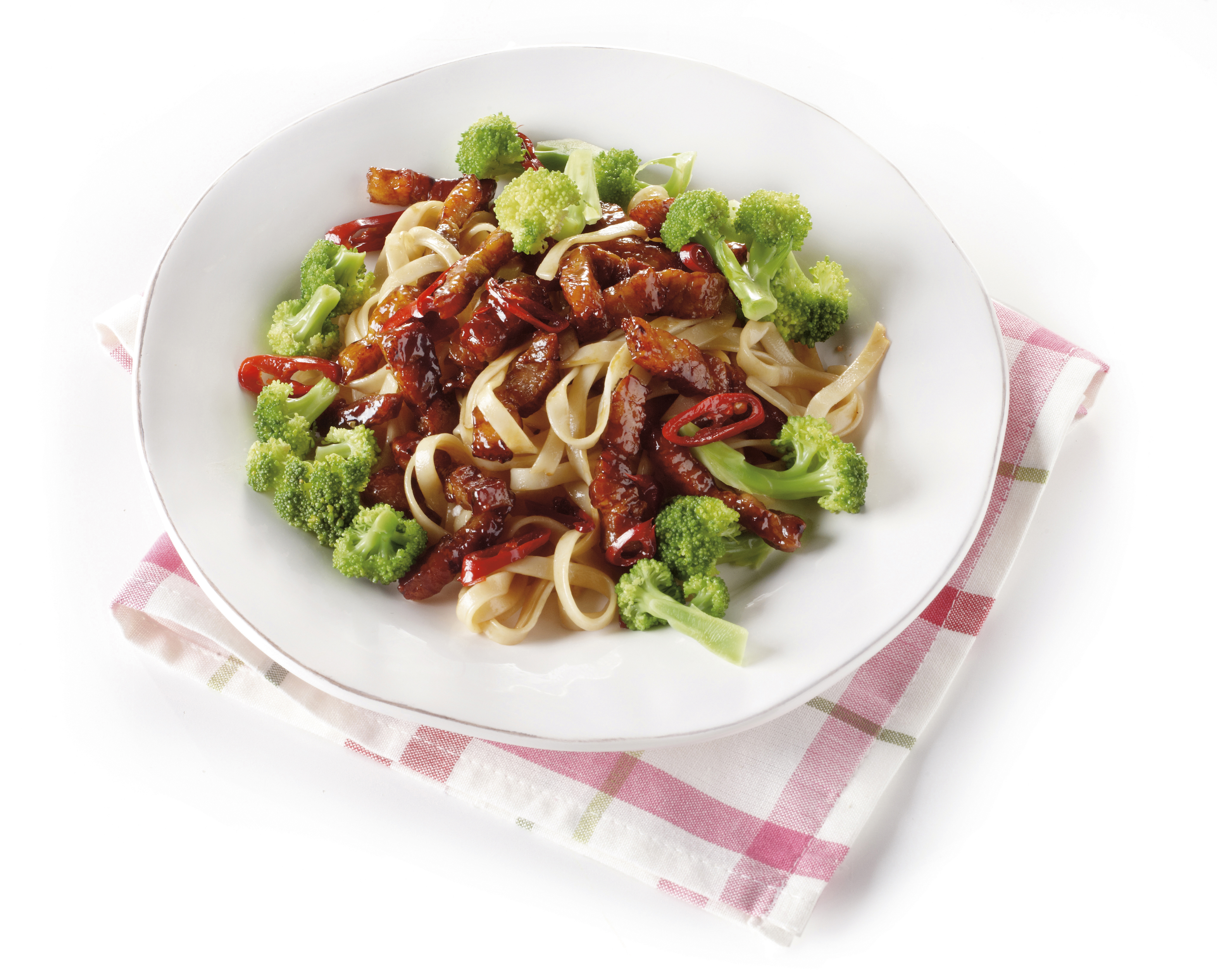 Roergebakken spekreepjes met broccoli en mie