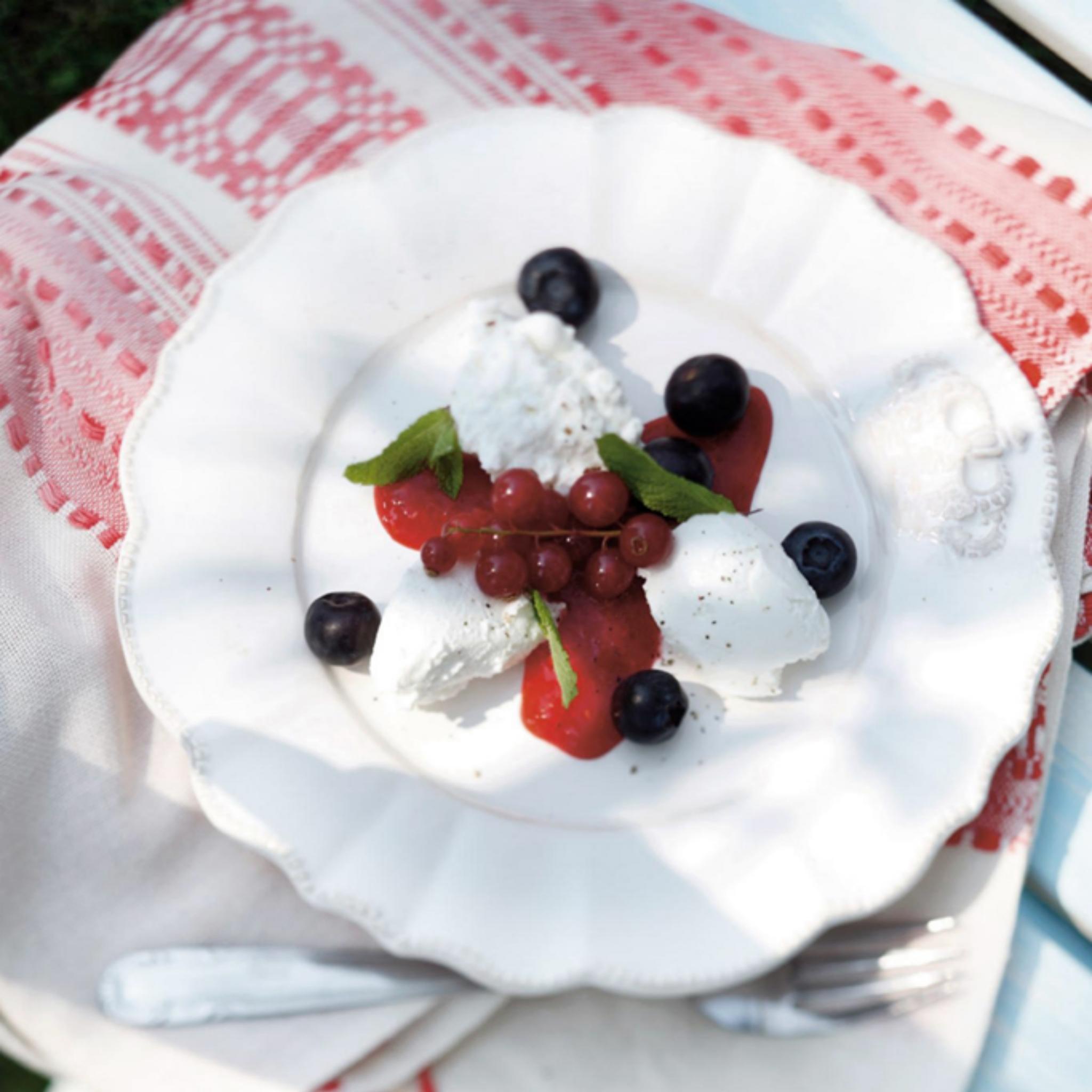 Palet van verse kazen met een bessencoulis