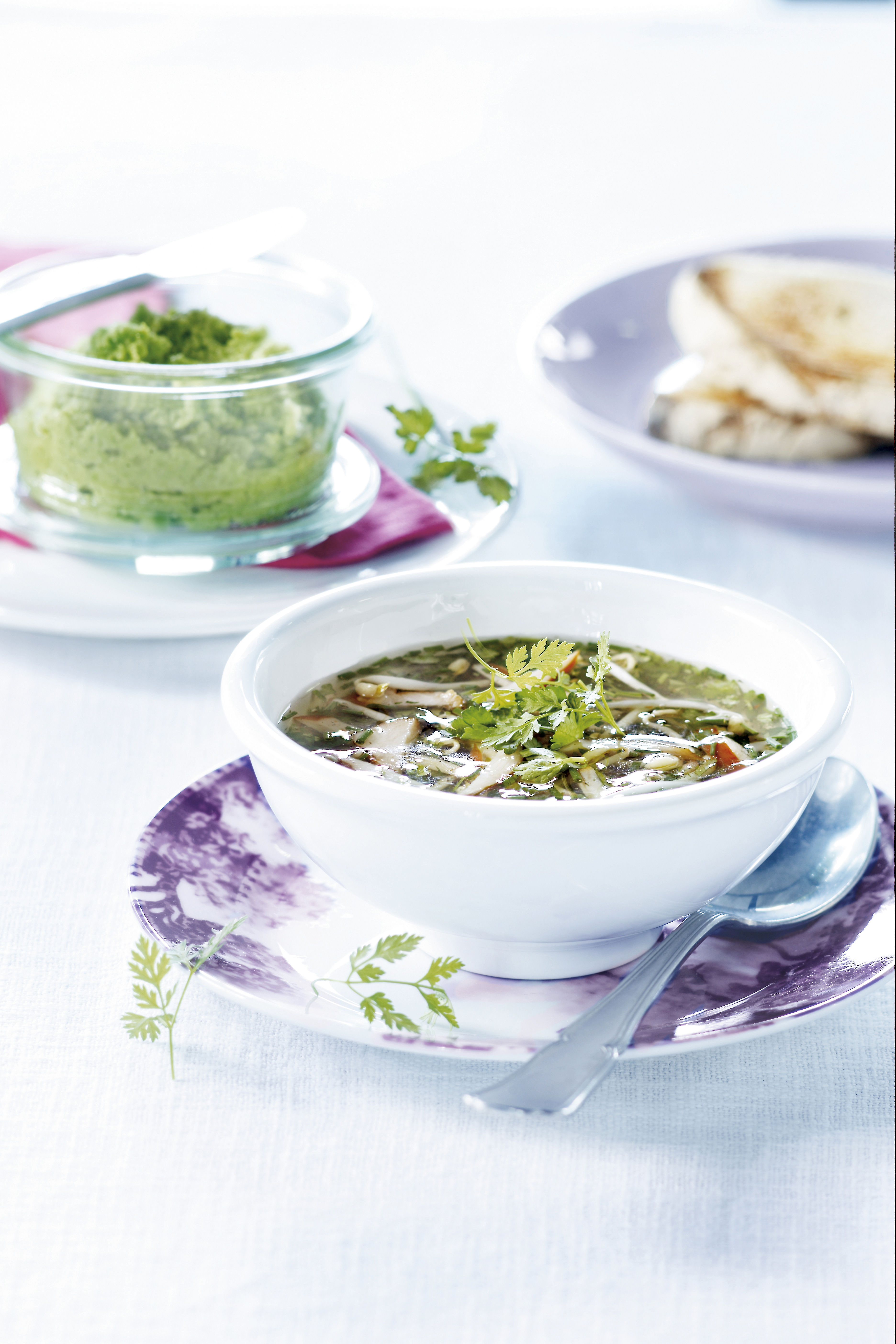 Oosterse bouillon met tuinkruiden en taugé