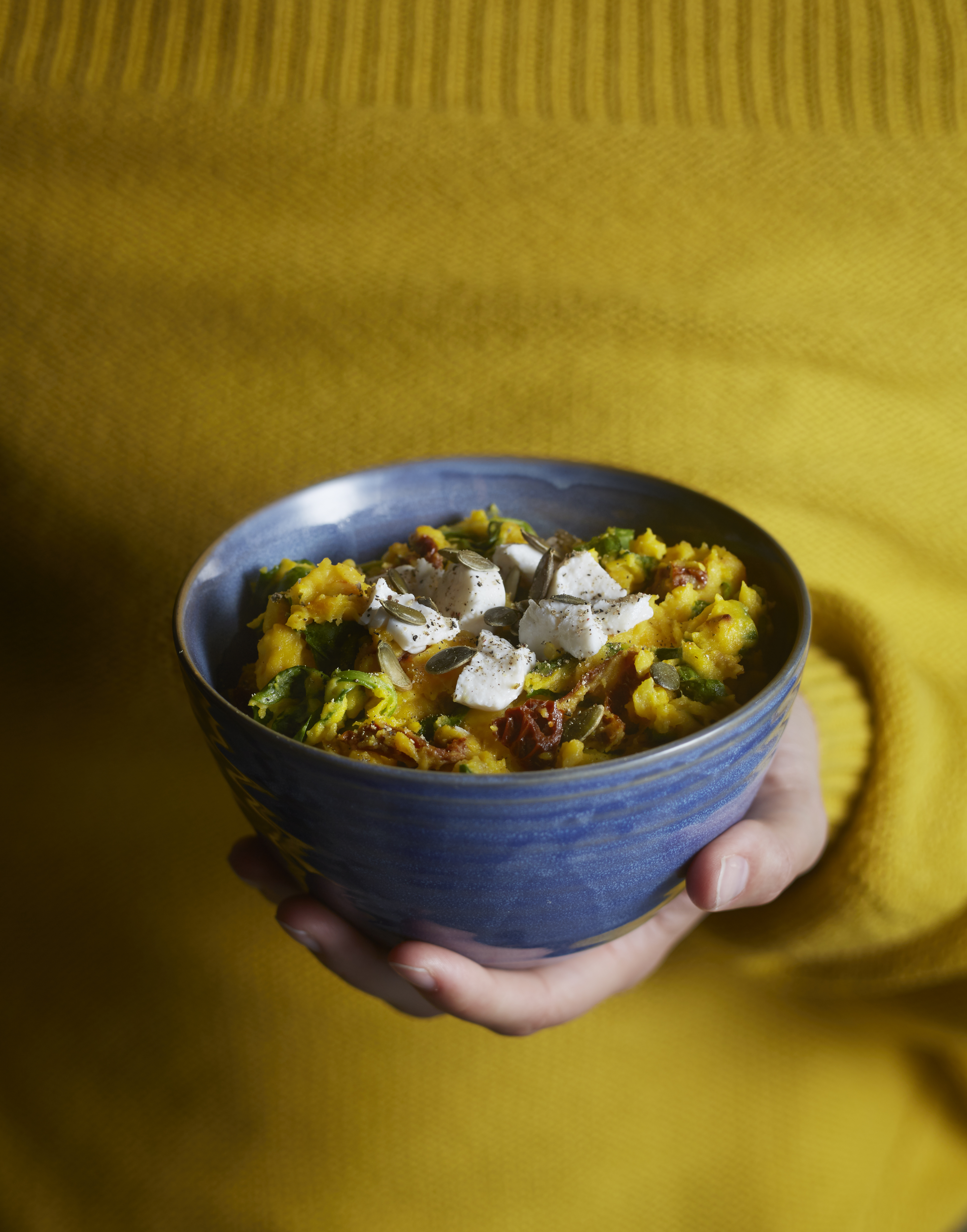 Pompoenstamppot met spinazie en geitenkaas