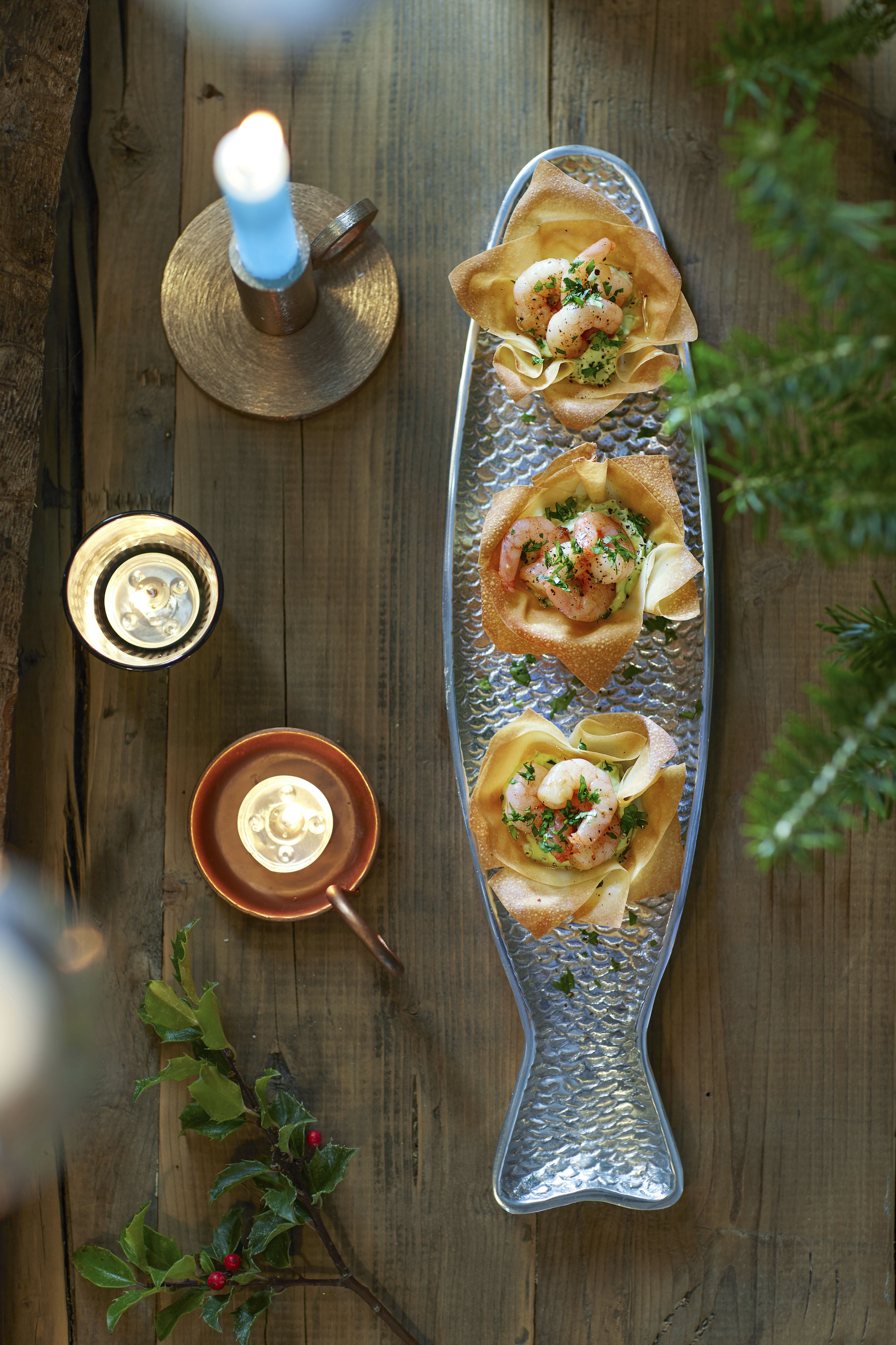 Filobakjes met garnalen en limoen-avocadocrème