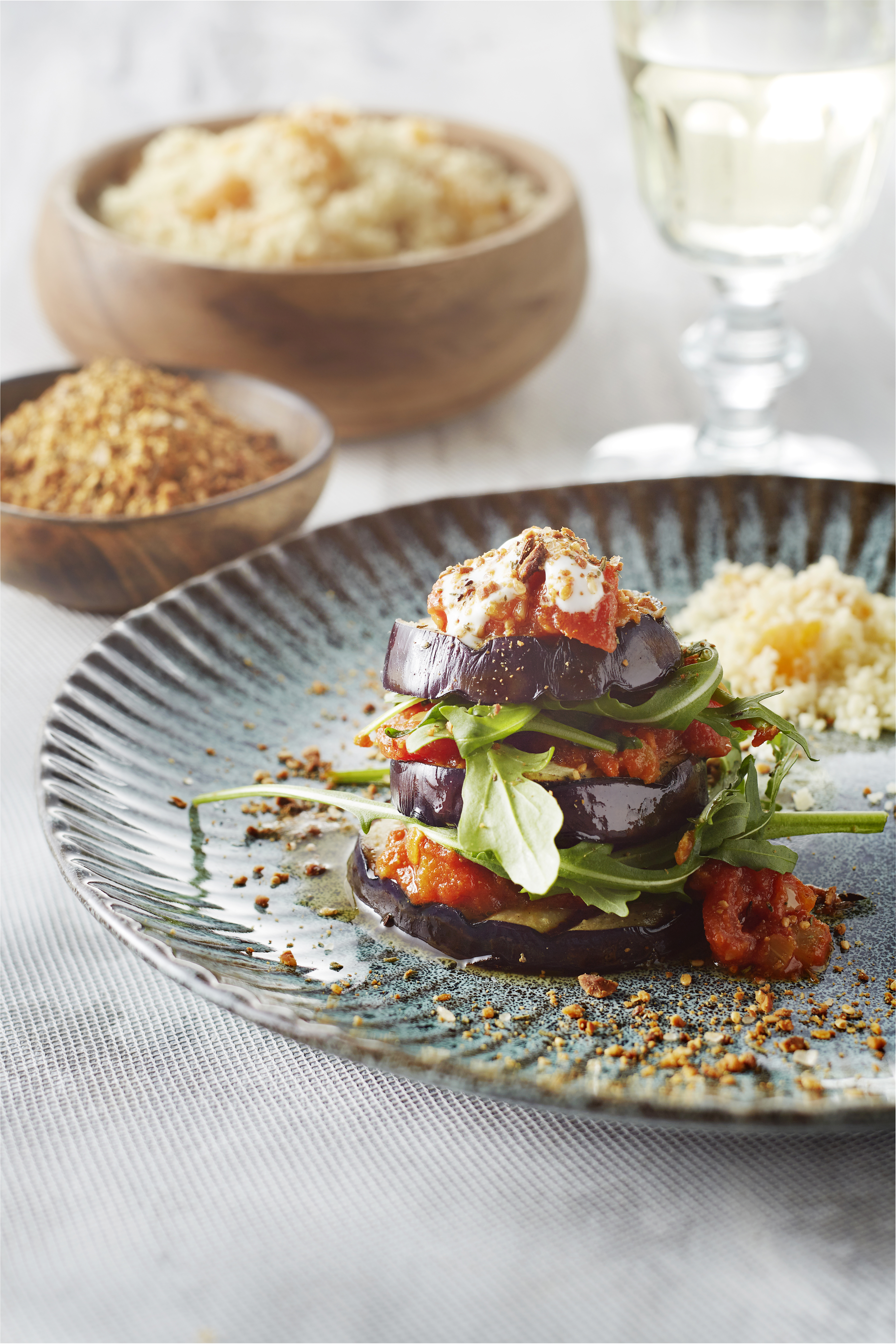 Gegrilde aubergine met dukkah en couscous
