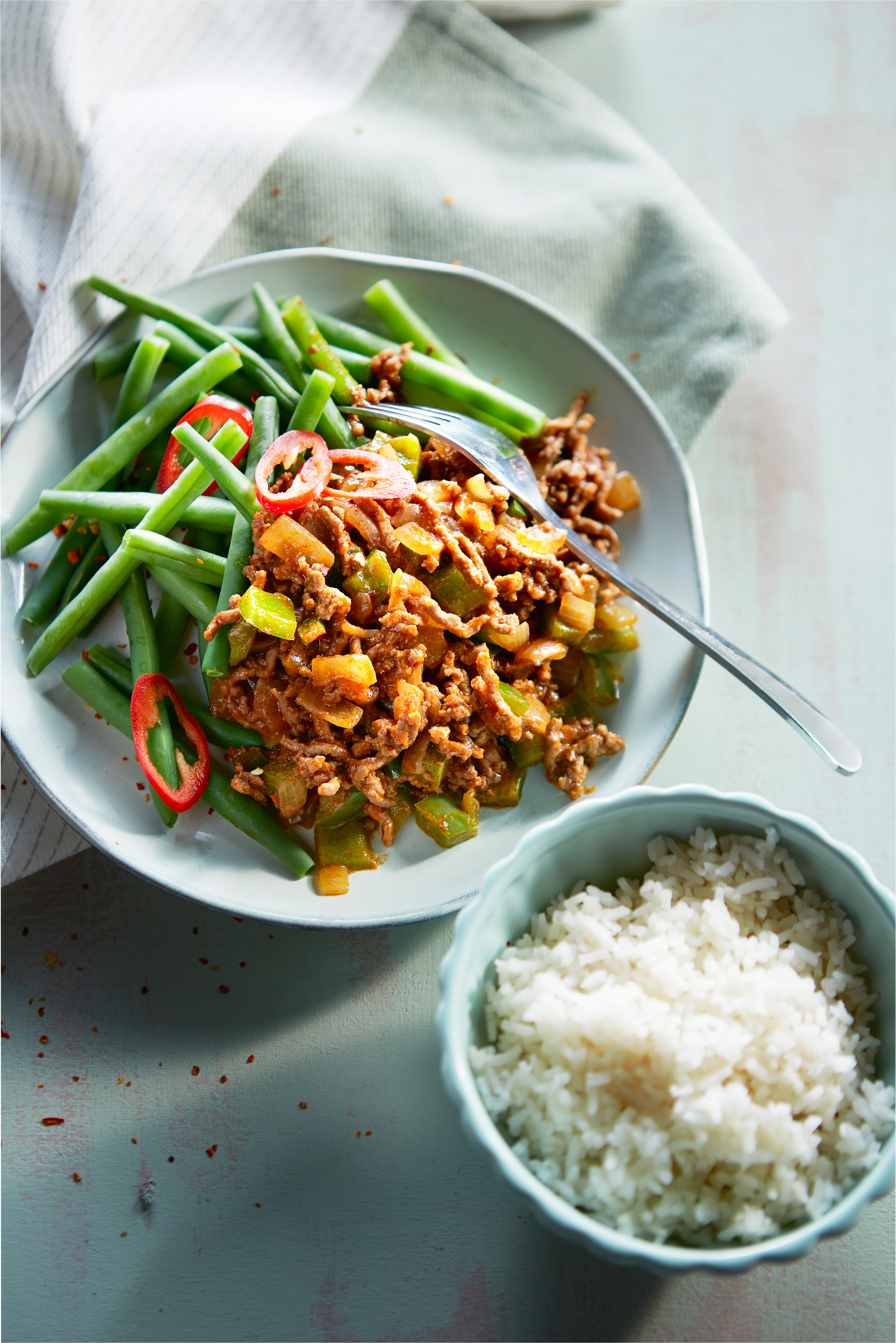 Gehaktgoulash met rijst en boontjes