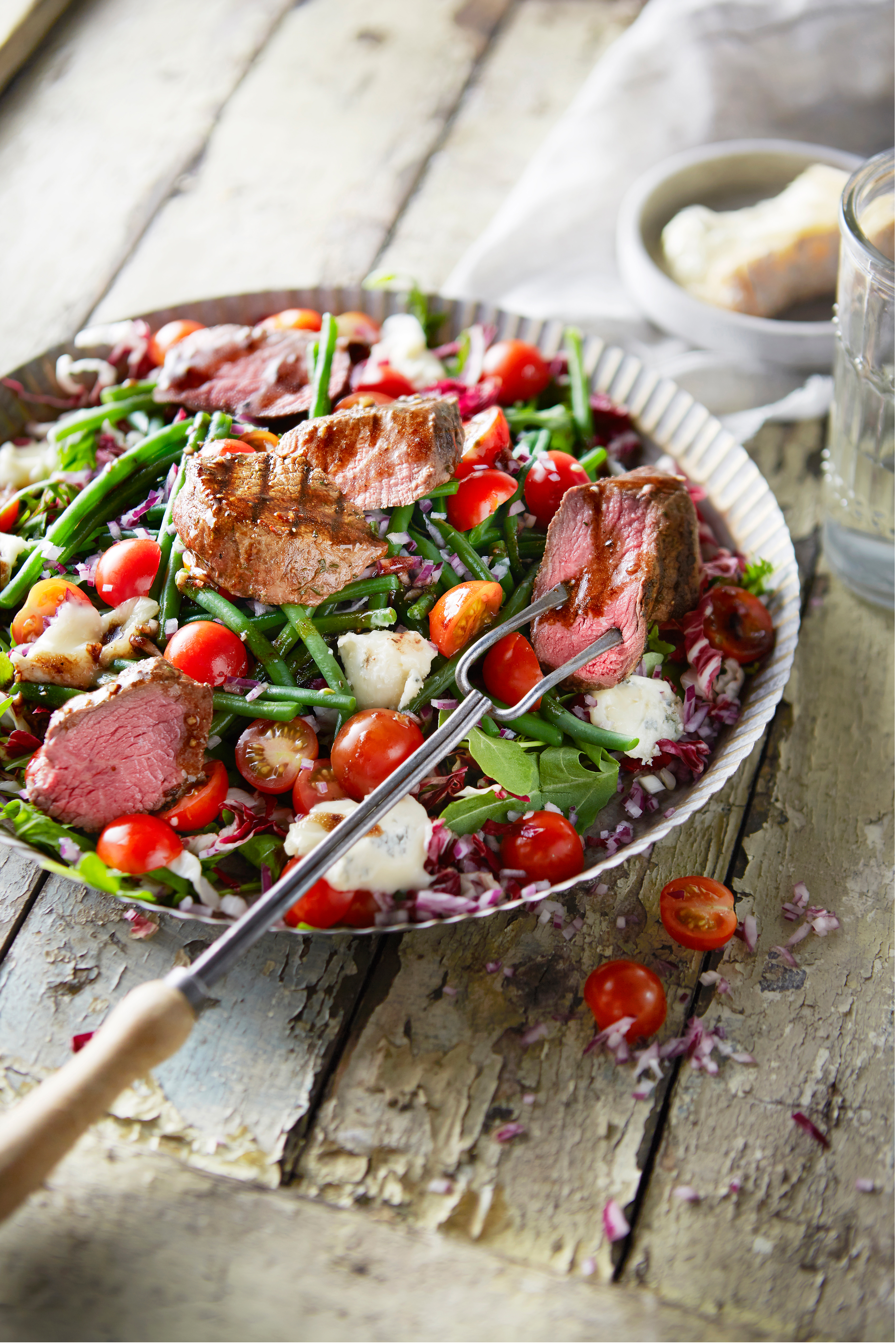 Biefstuk met bonensalade en gorgonzola