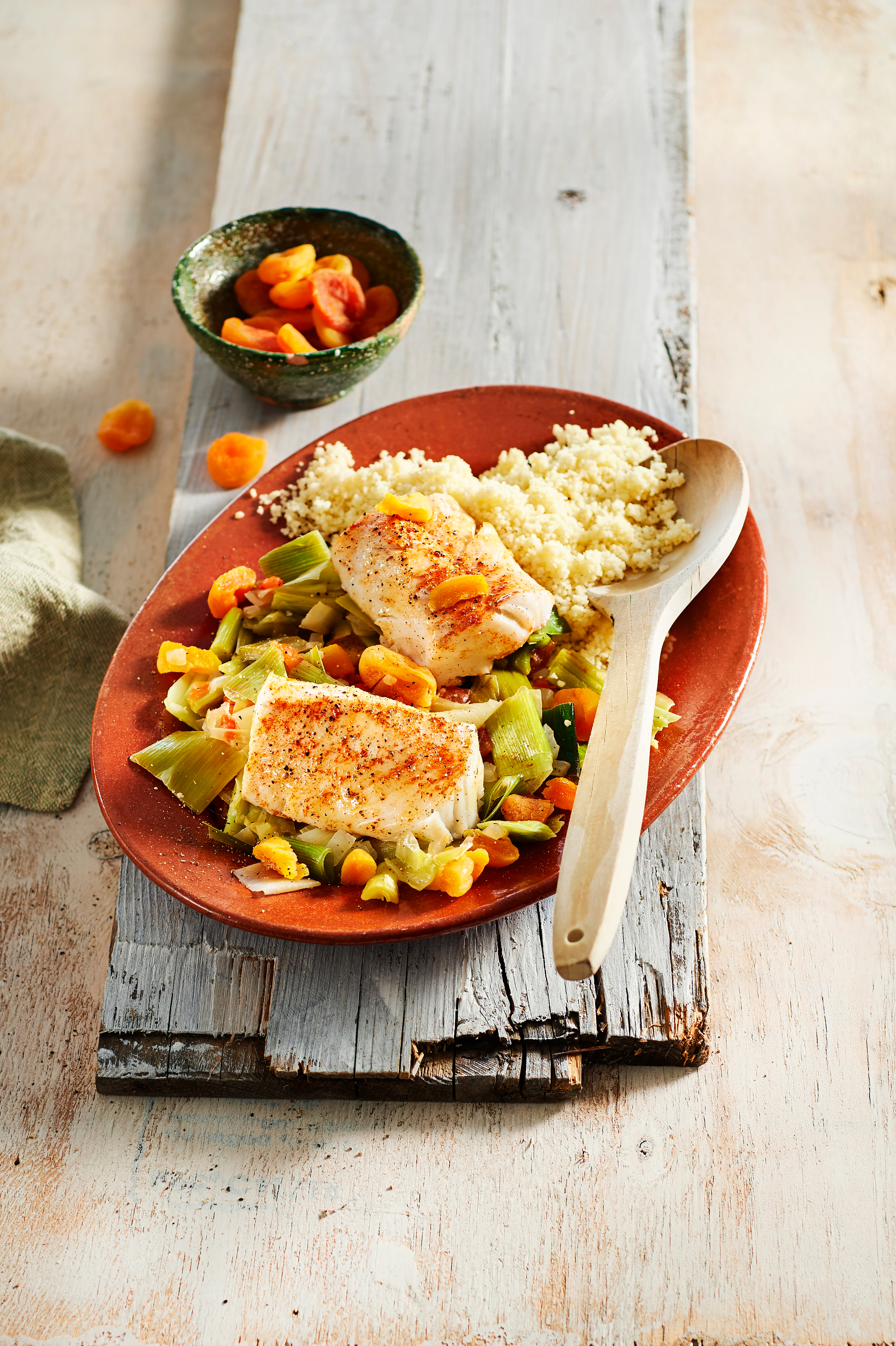 Kabeljauw met prei en abrikozen