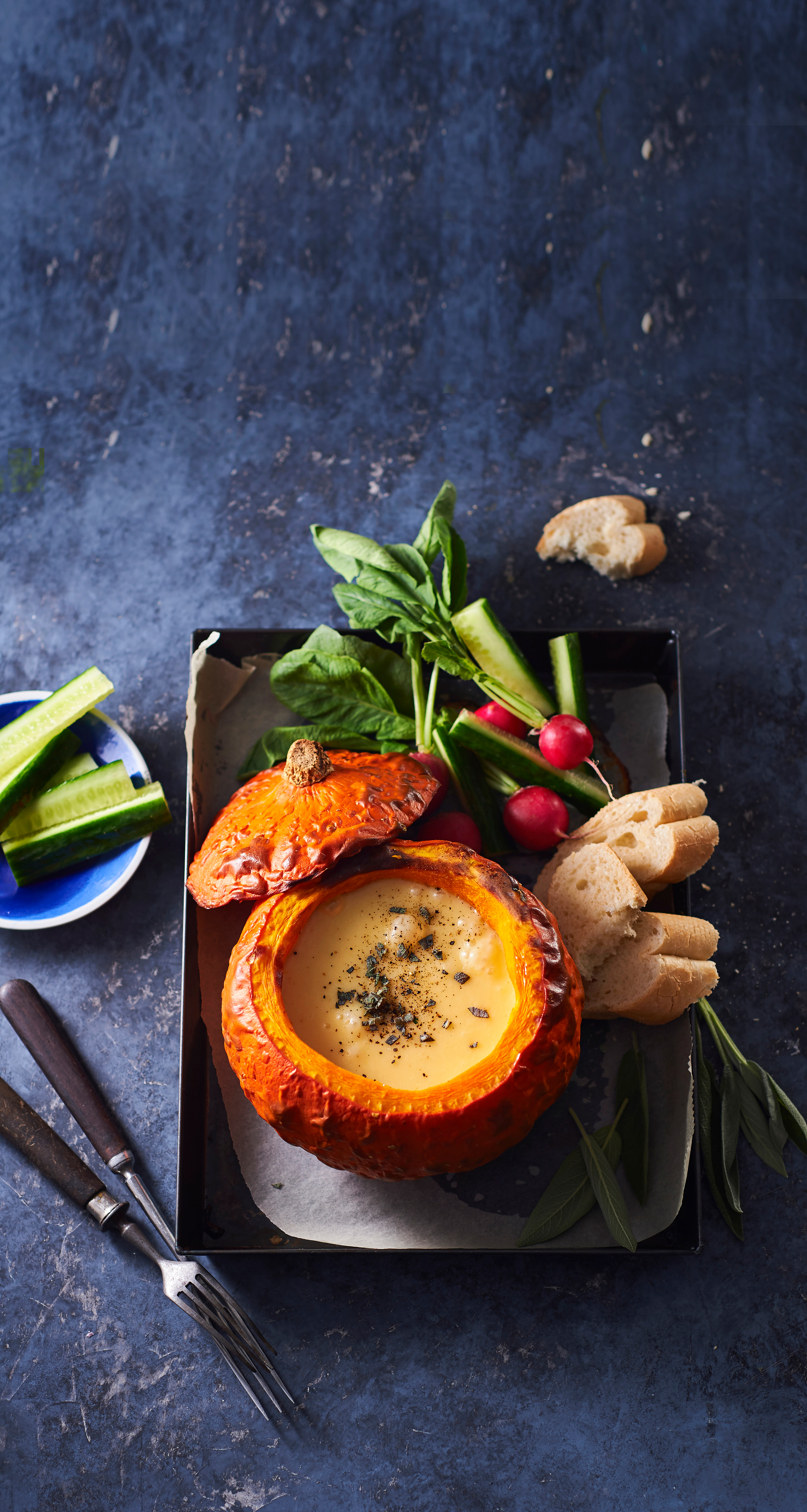 Pompoen met smeuïge kaasfondue