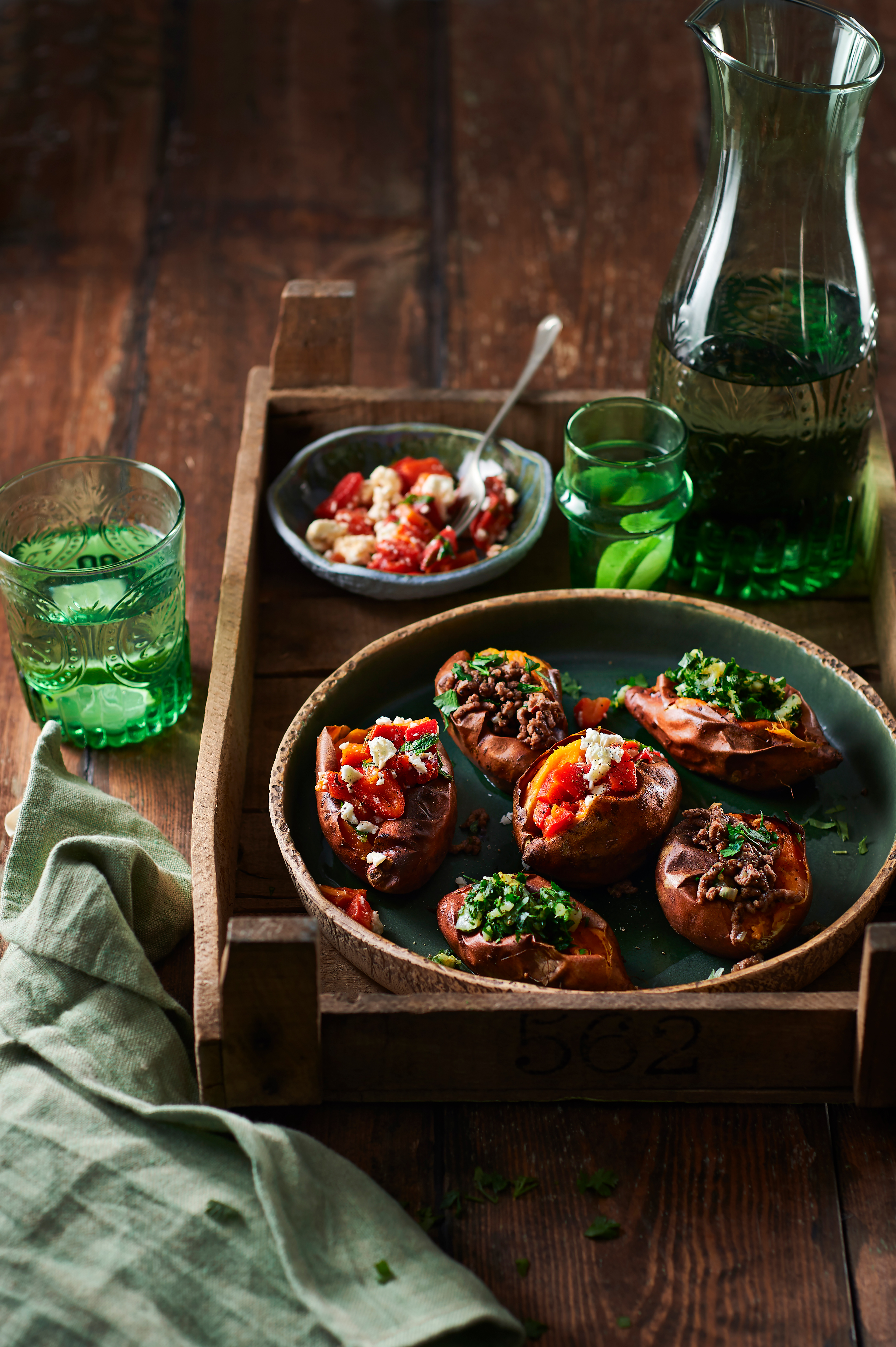 Geroosterde zoete aardappels met drie toppings