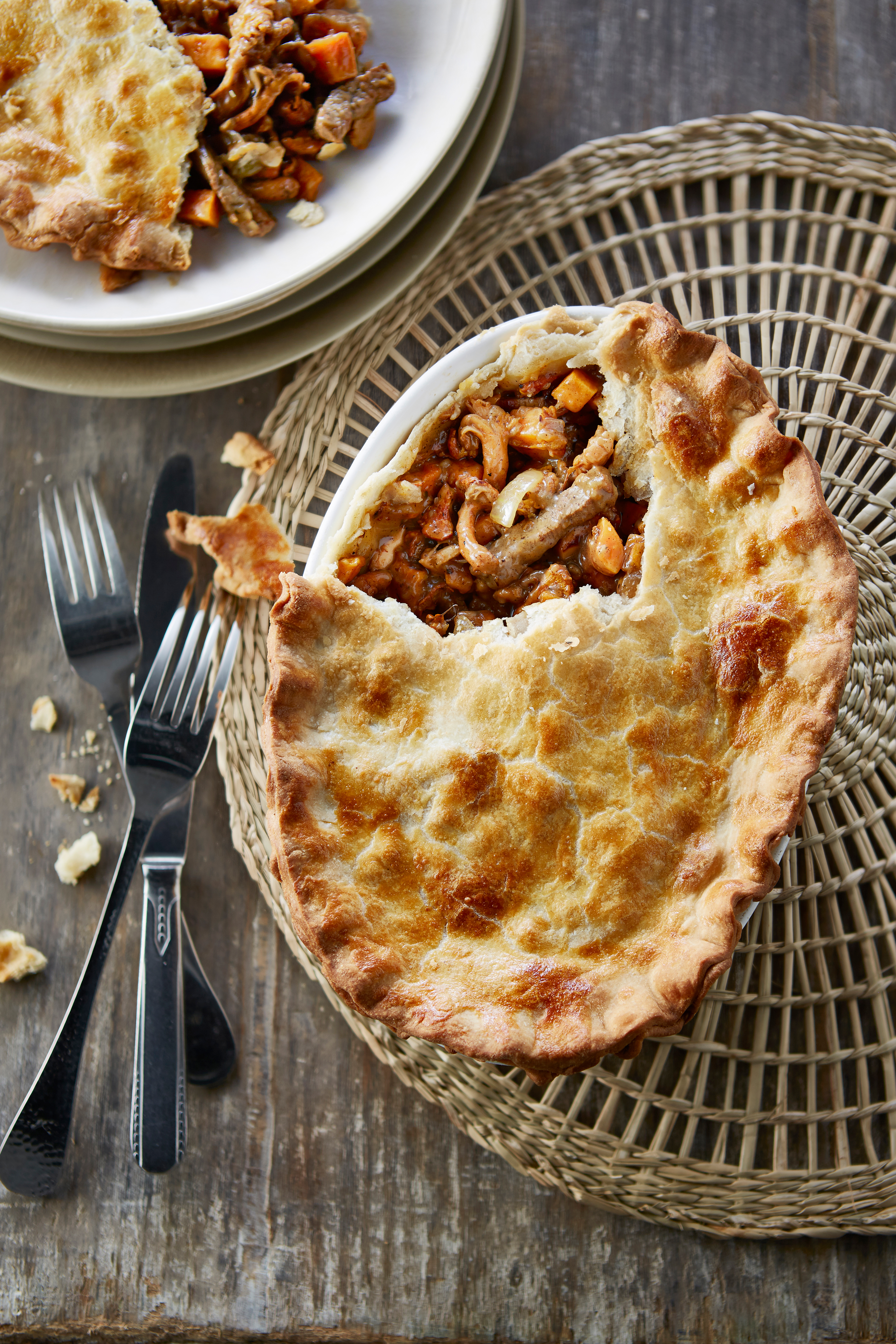 Paddenstoelen-pie met rundvlees en zoete aardappel
