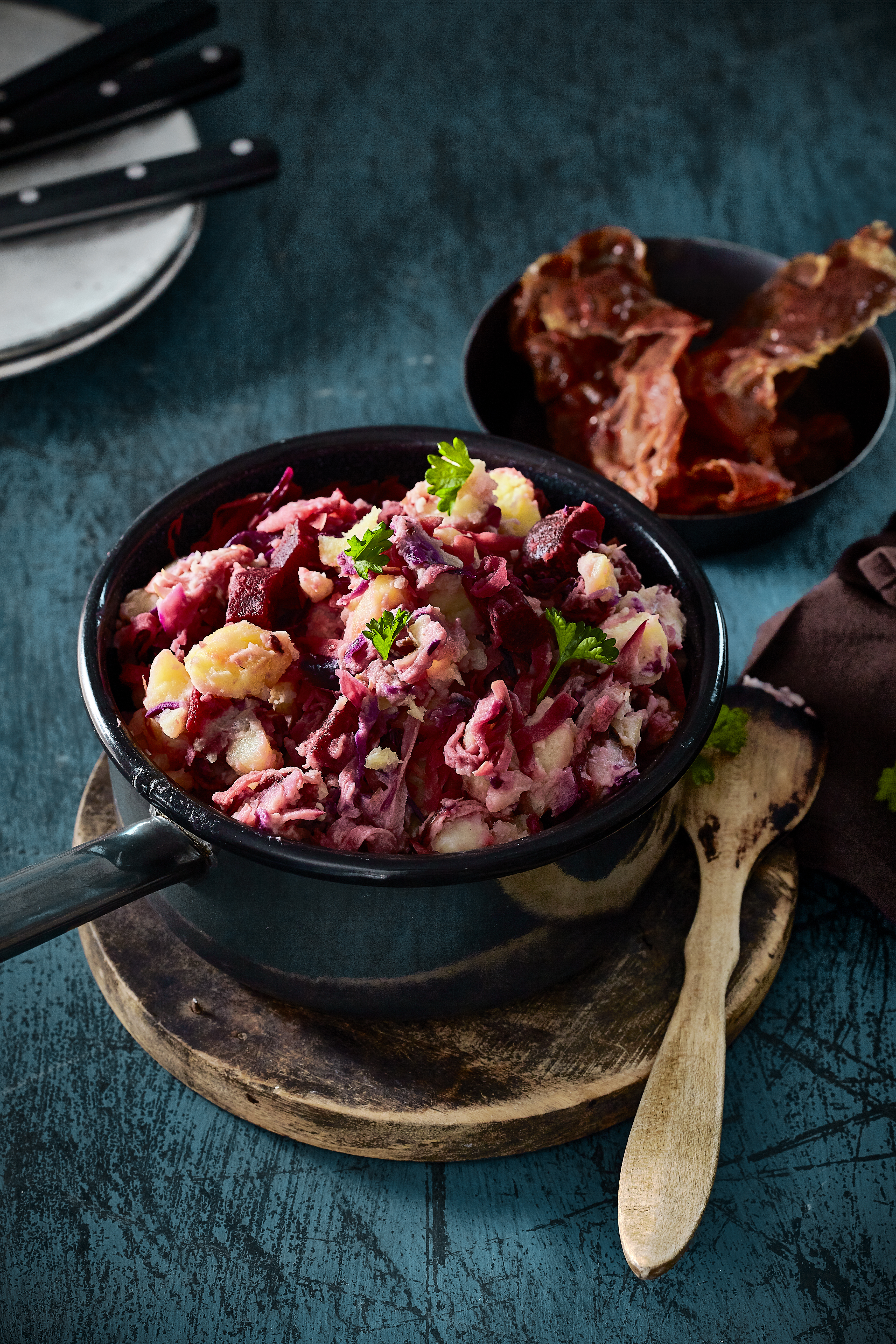 Roze bliksem met krokante parmaham