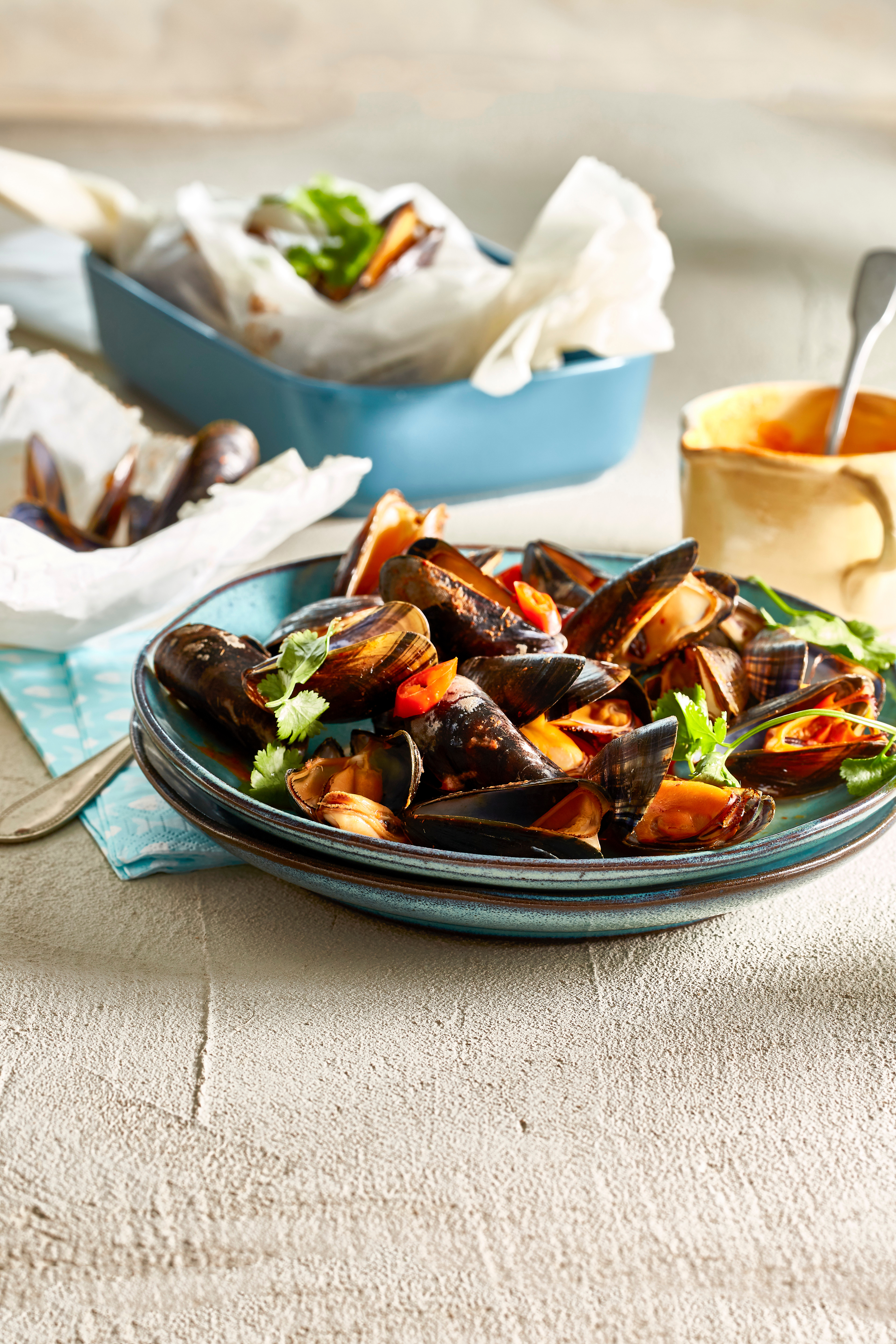 Mosselpakketjes met curry en kokos