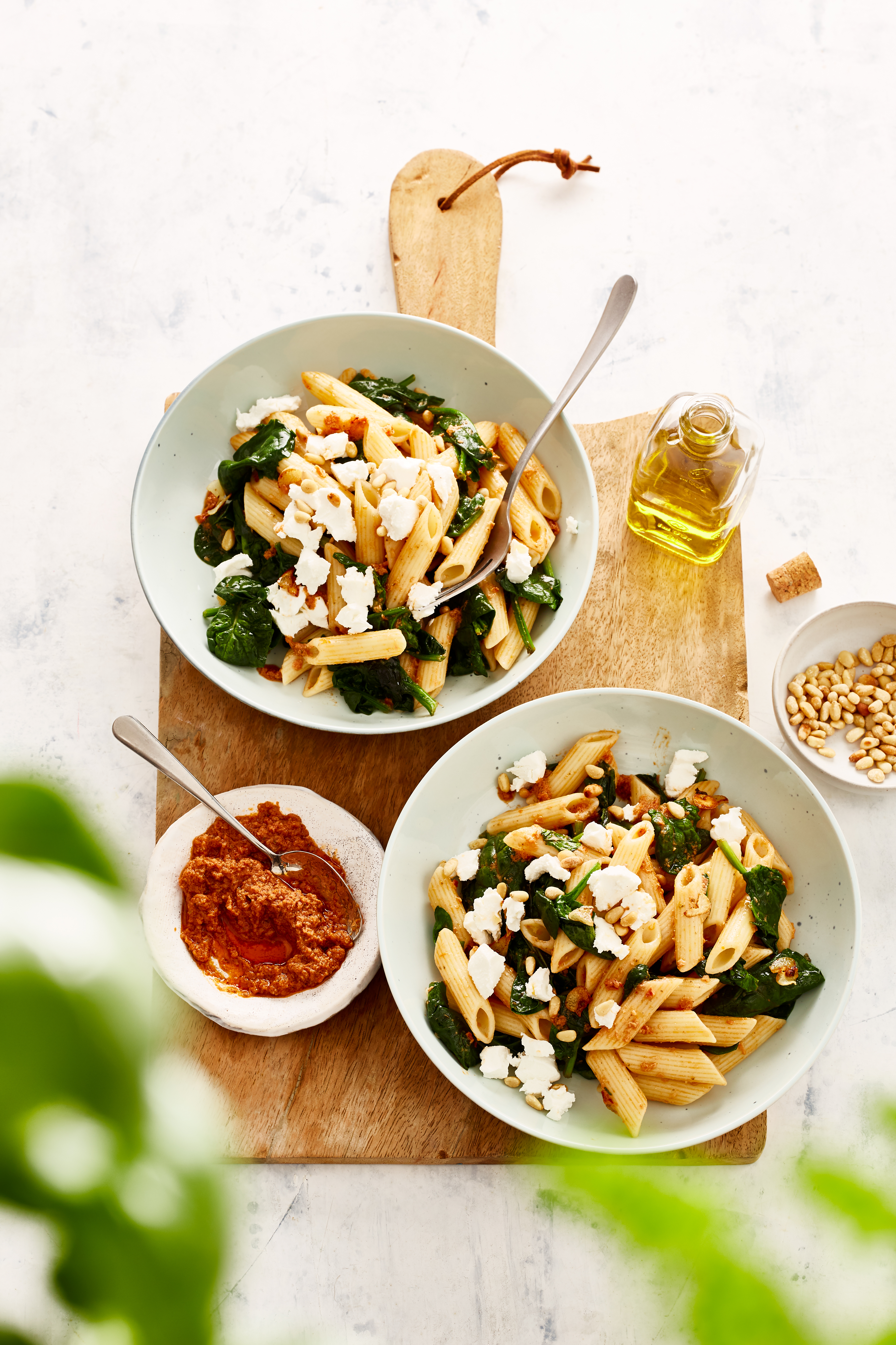 Pasta pesto rosso met spinazie en geitenkaas