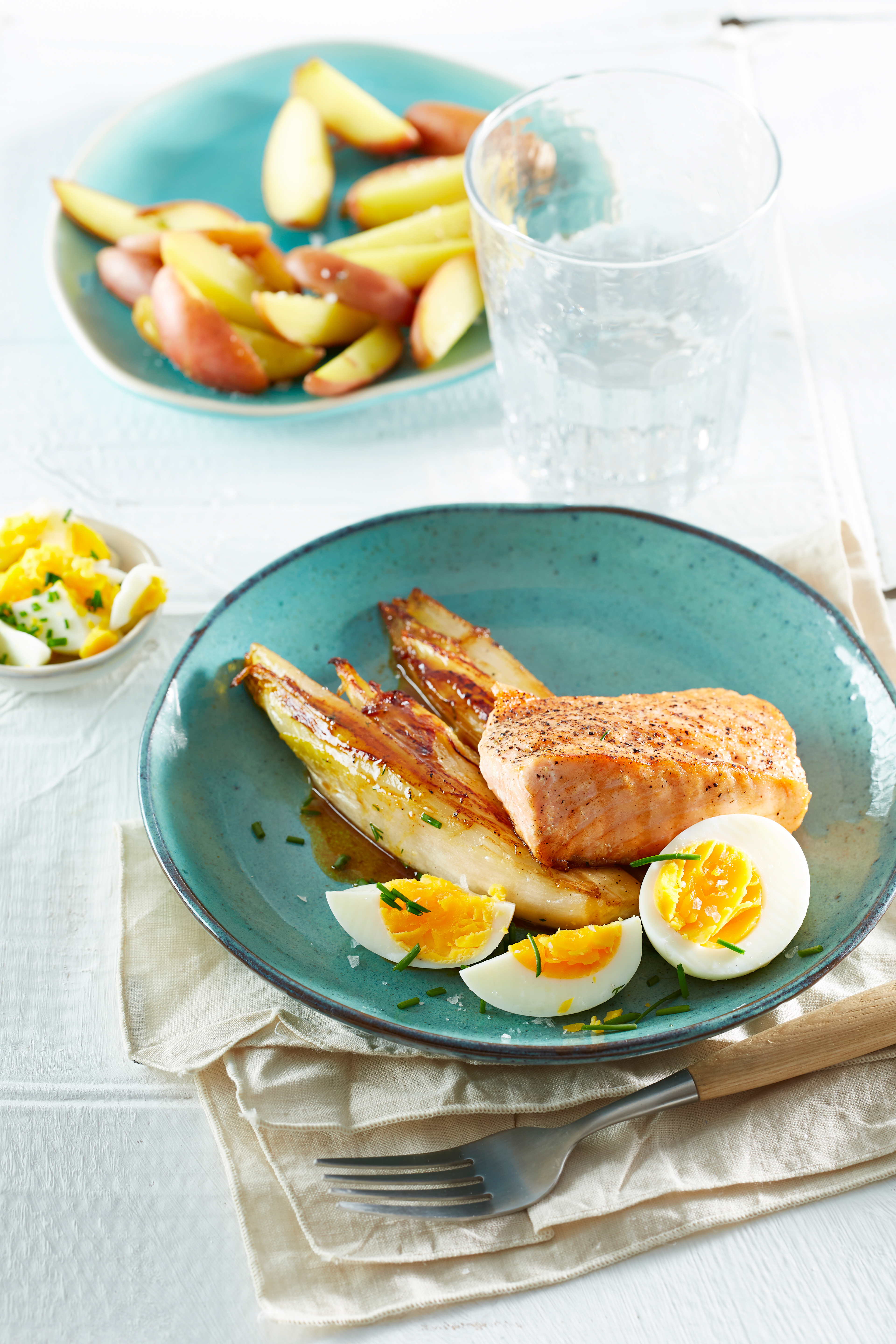 Gebakken zalm met gekaramelliseerde witlof en ei