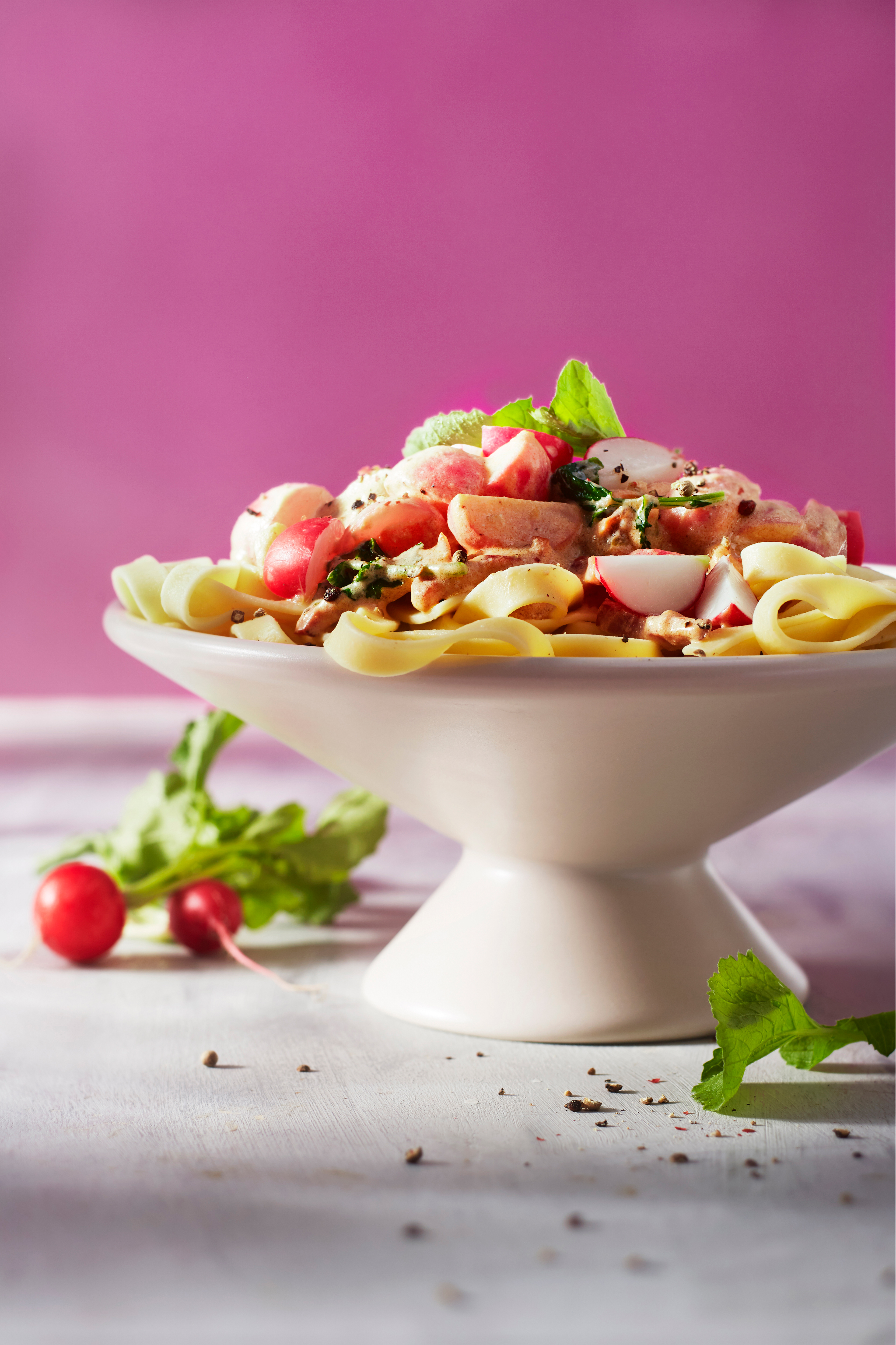 Tagliatelle met radijs en spekjes