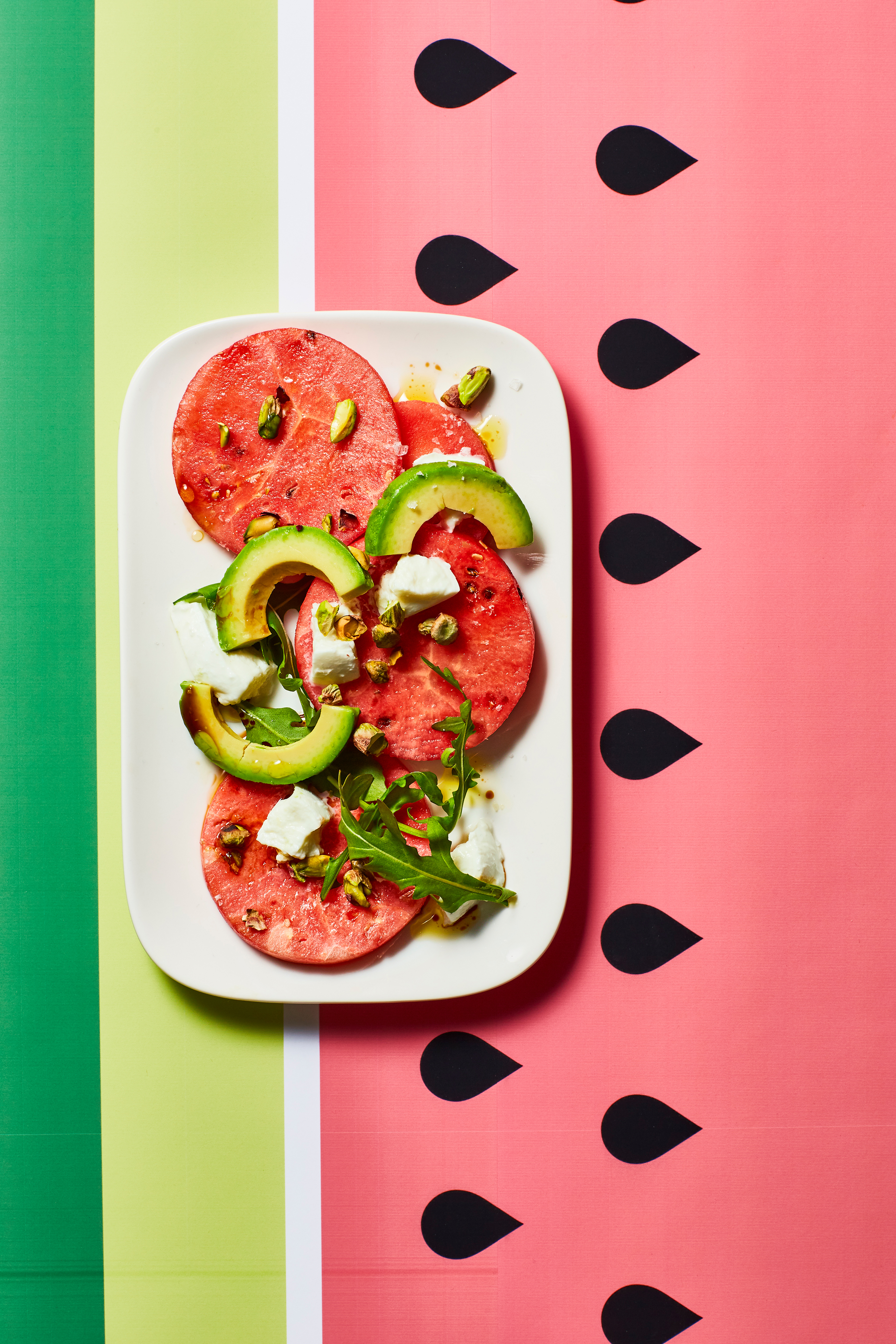 Watermeloen-‘carpaccio' met mozzarella, pistache en avocado