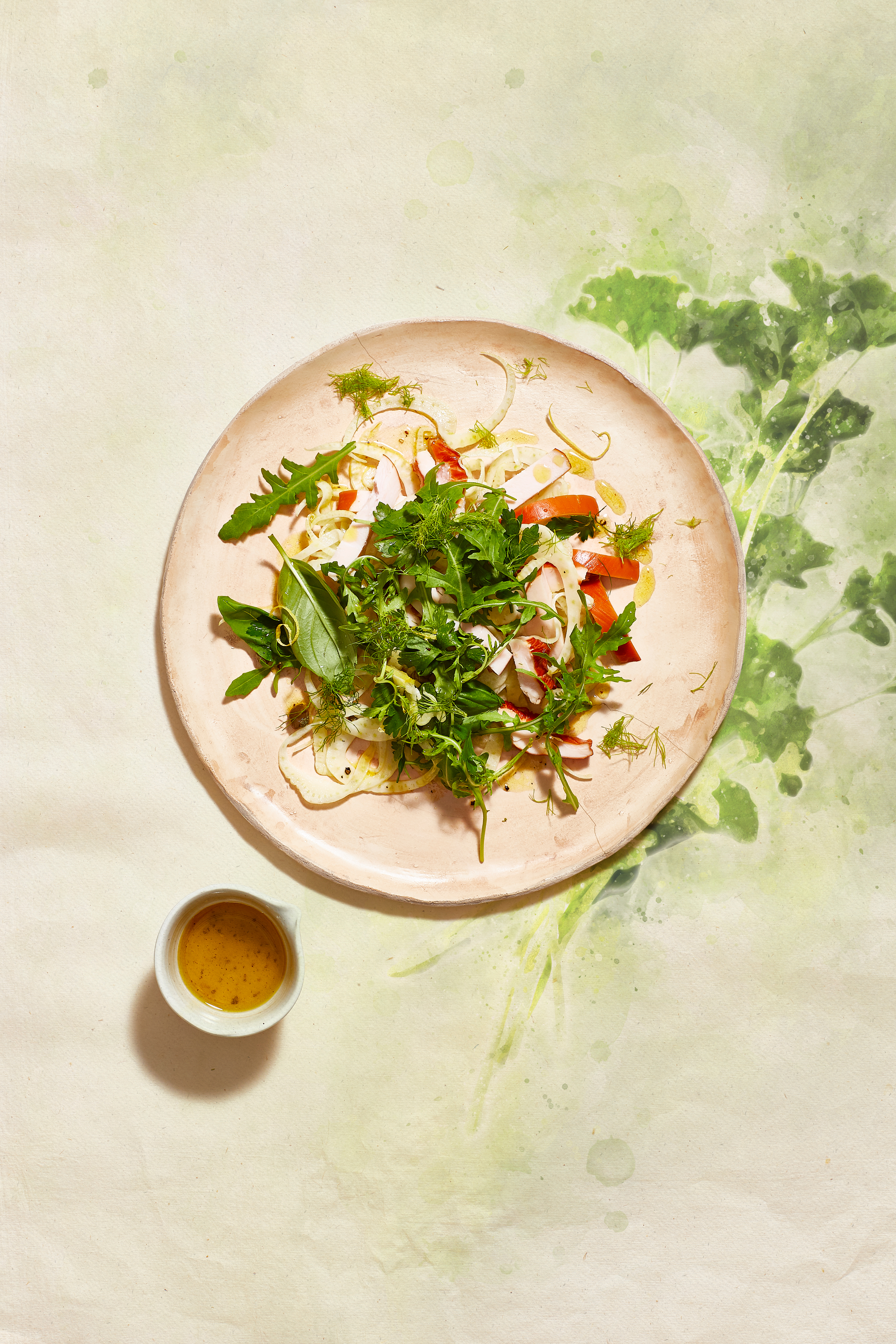 Kruidensalade met venkel en gerookte kip