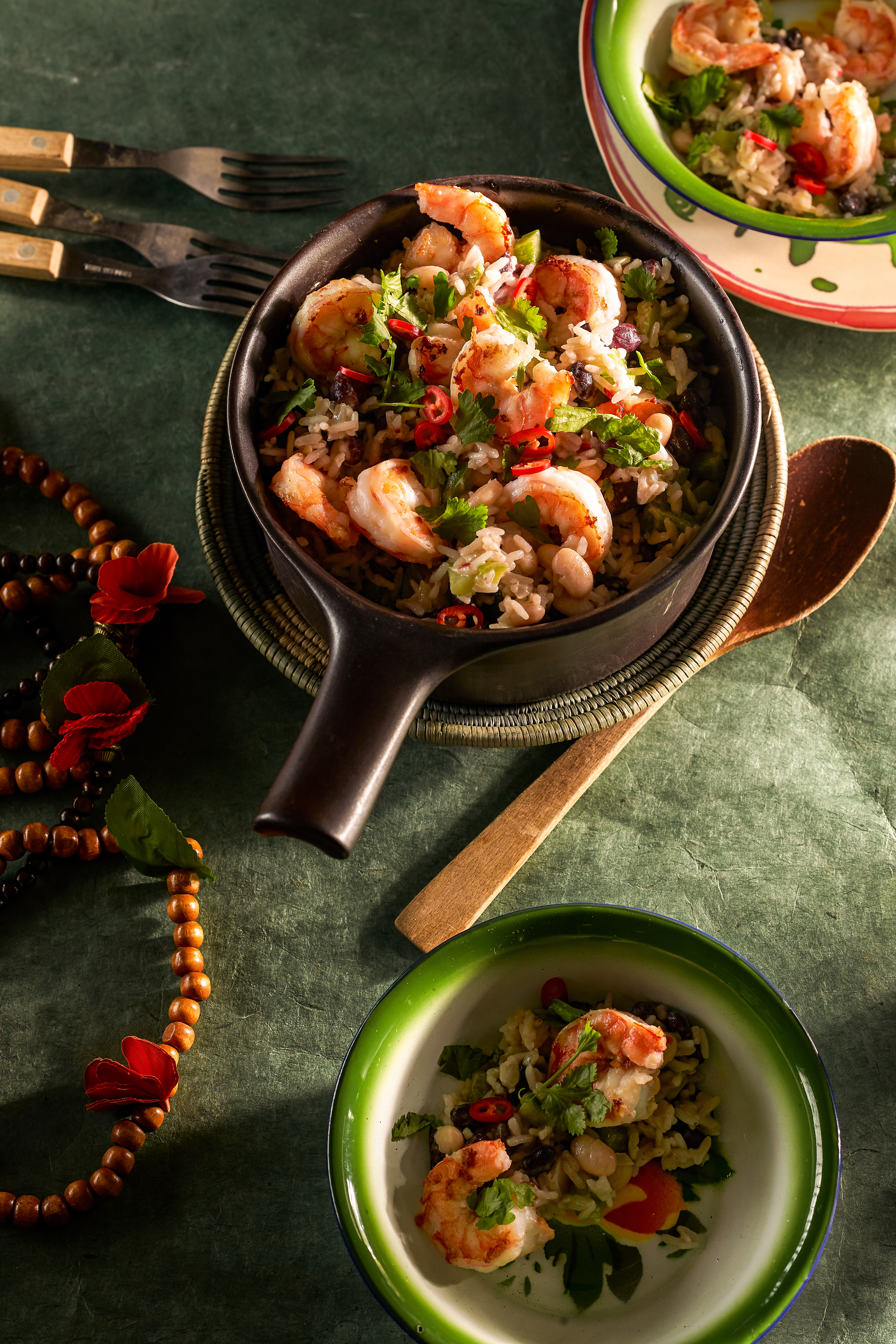 Kokosrijst met gemengde bonen en garnalen