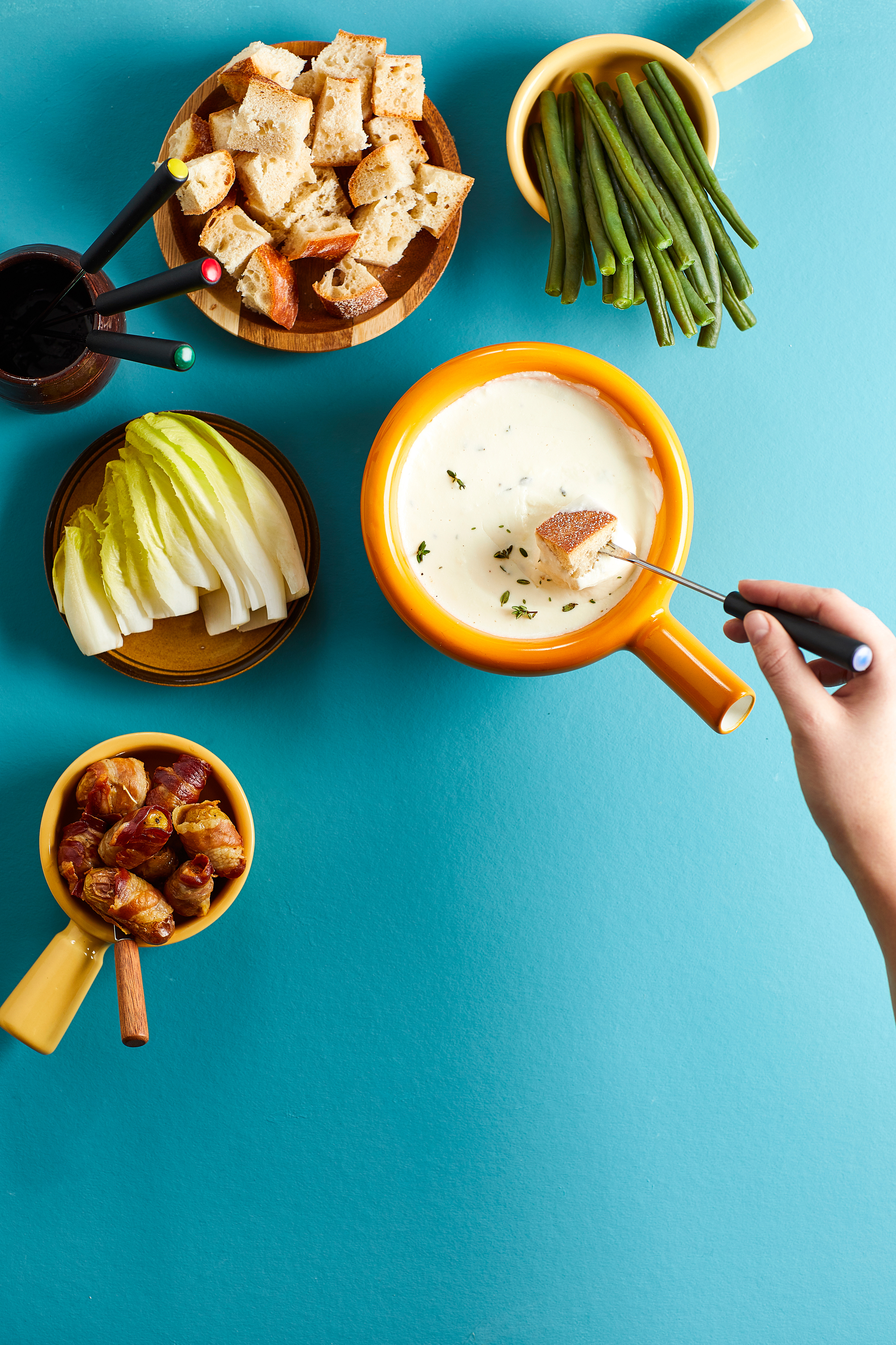 Geitenkaasfondue met spek-krieltjes