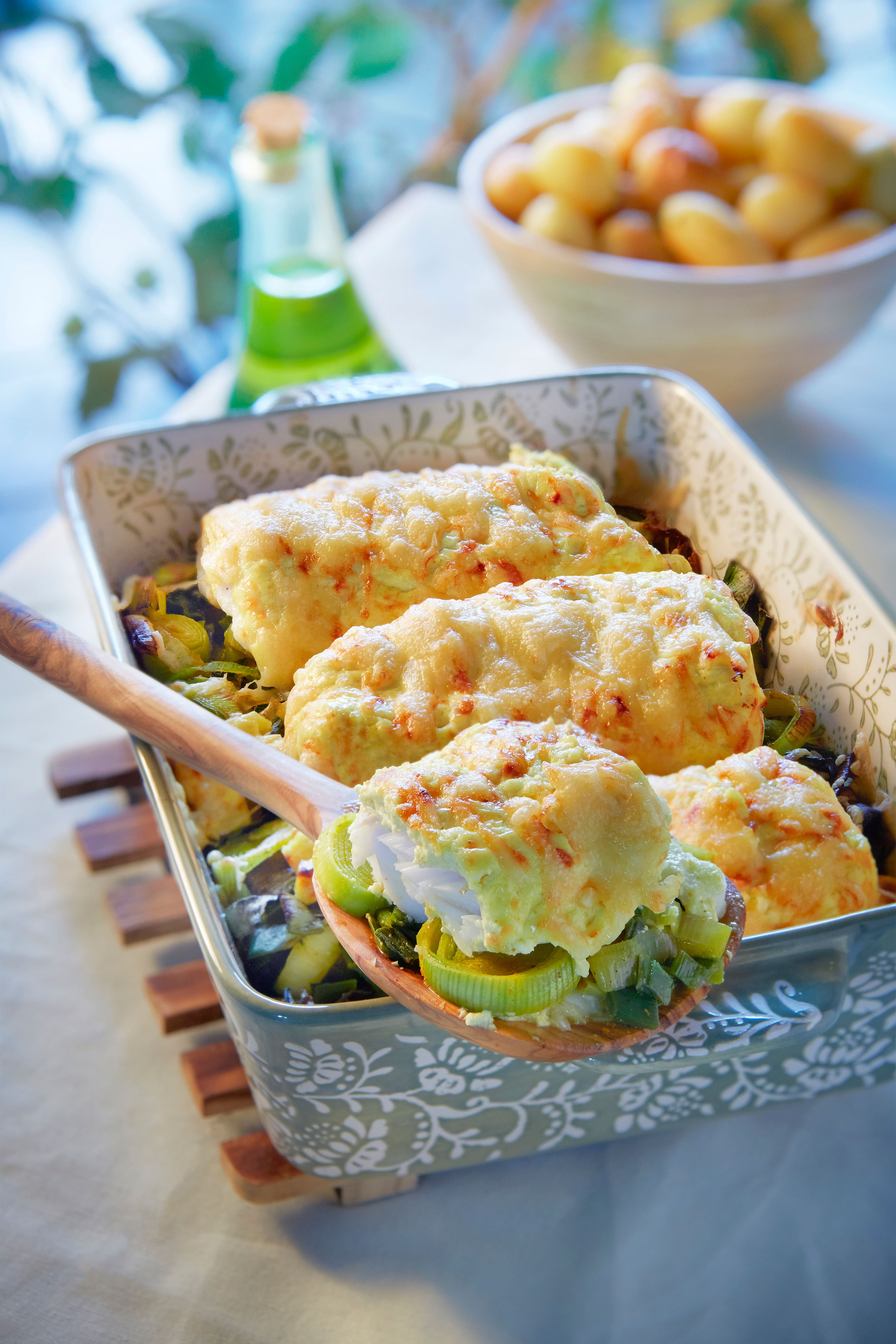 Gegratineerde kabeljauw met prei en krieltjes