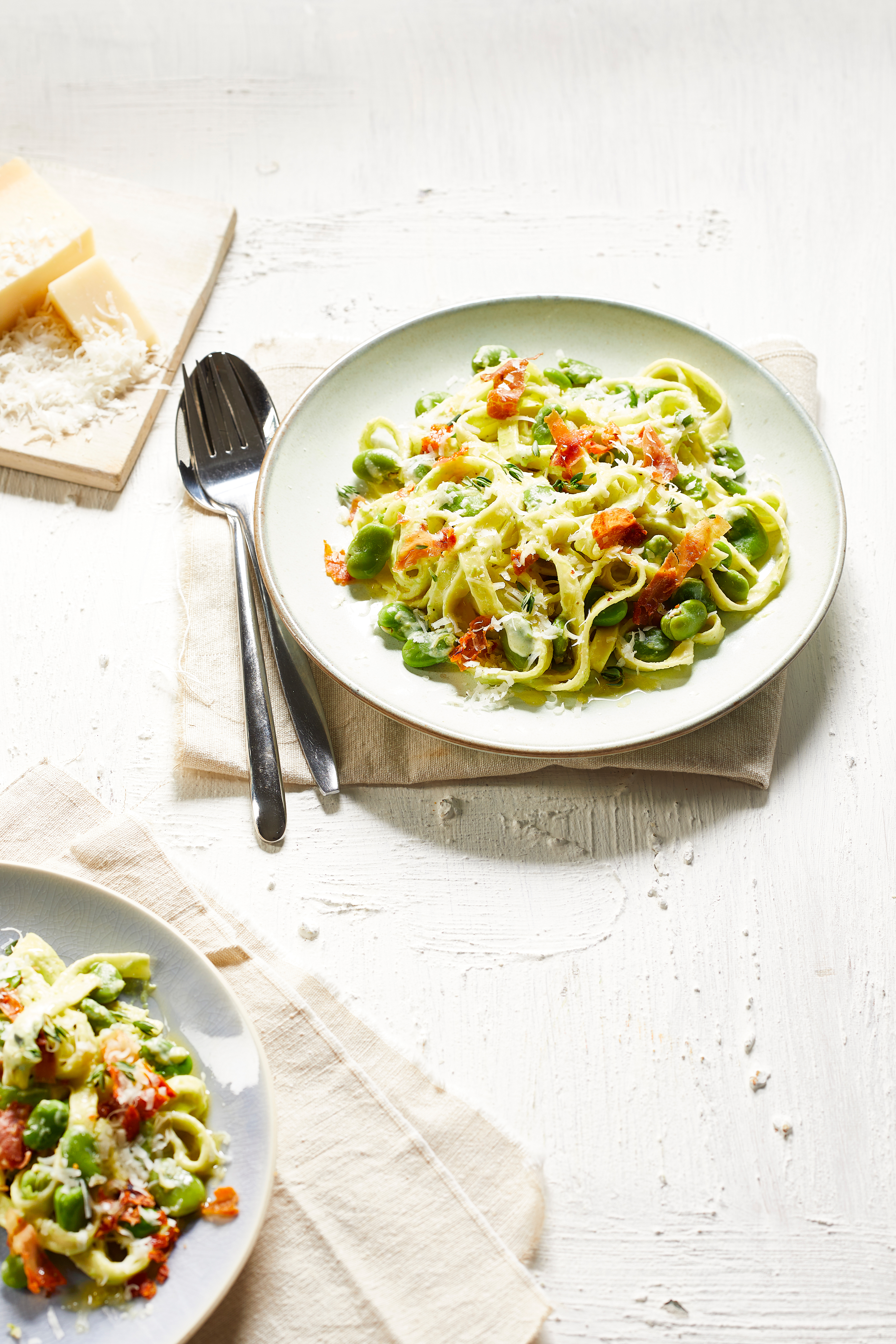 Tagliatelle met tuinbonen en pancetta