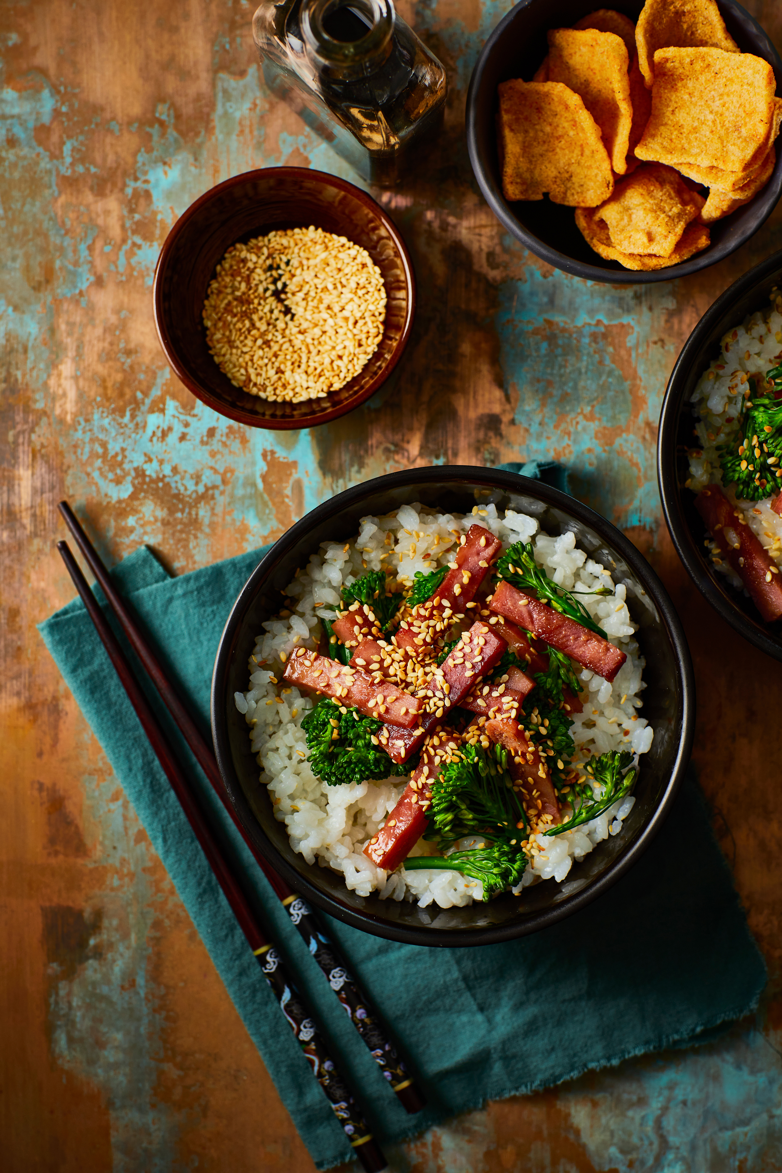 Japanse kleefrijst met zoete ham en bimi