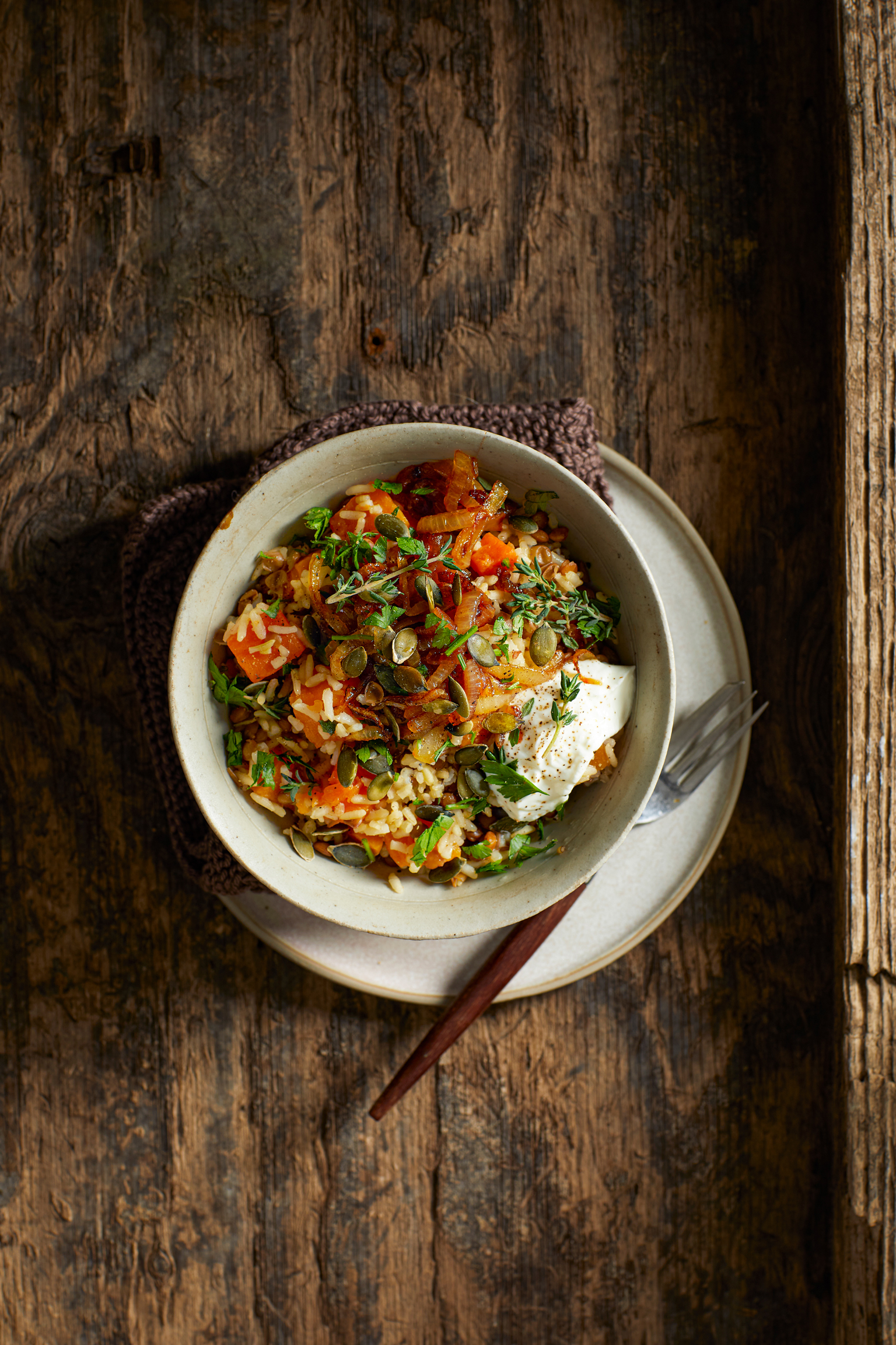 Mujadara met linzen en pompoen