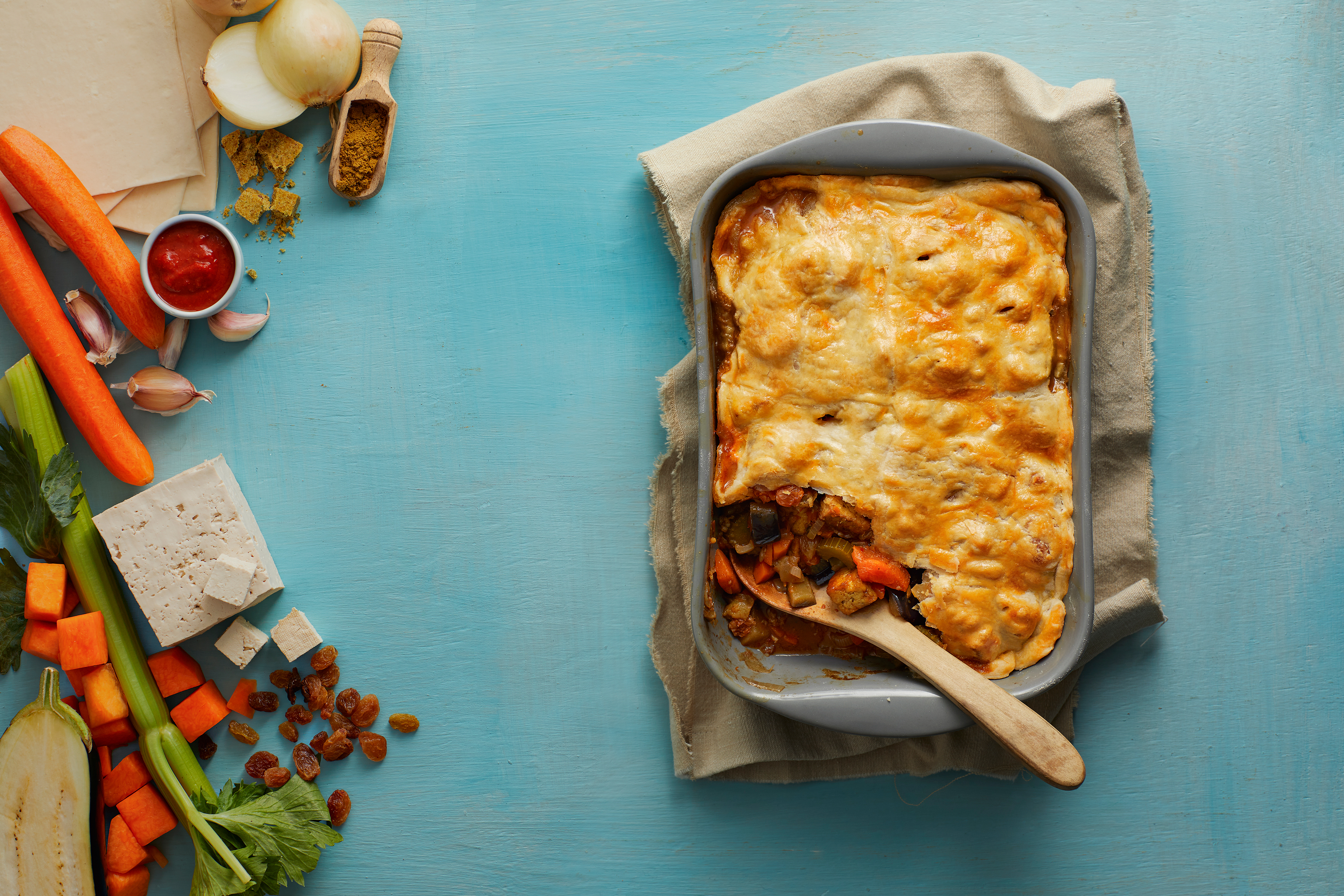 Pot pie met tofu en pompoen