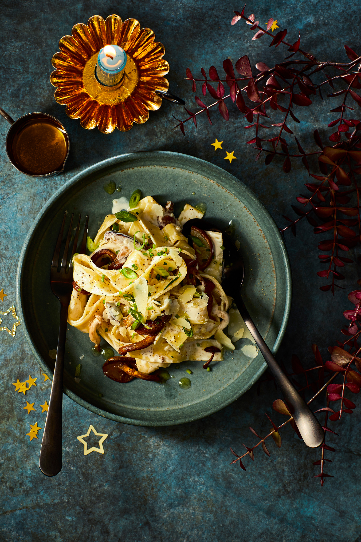 Pappardelle met paddenstoelen, mascarpone en truffelolie